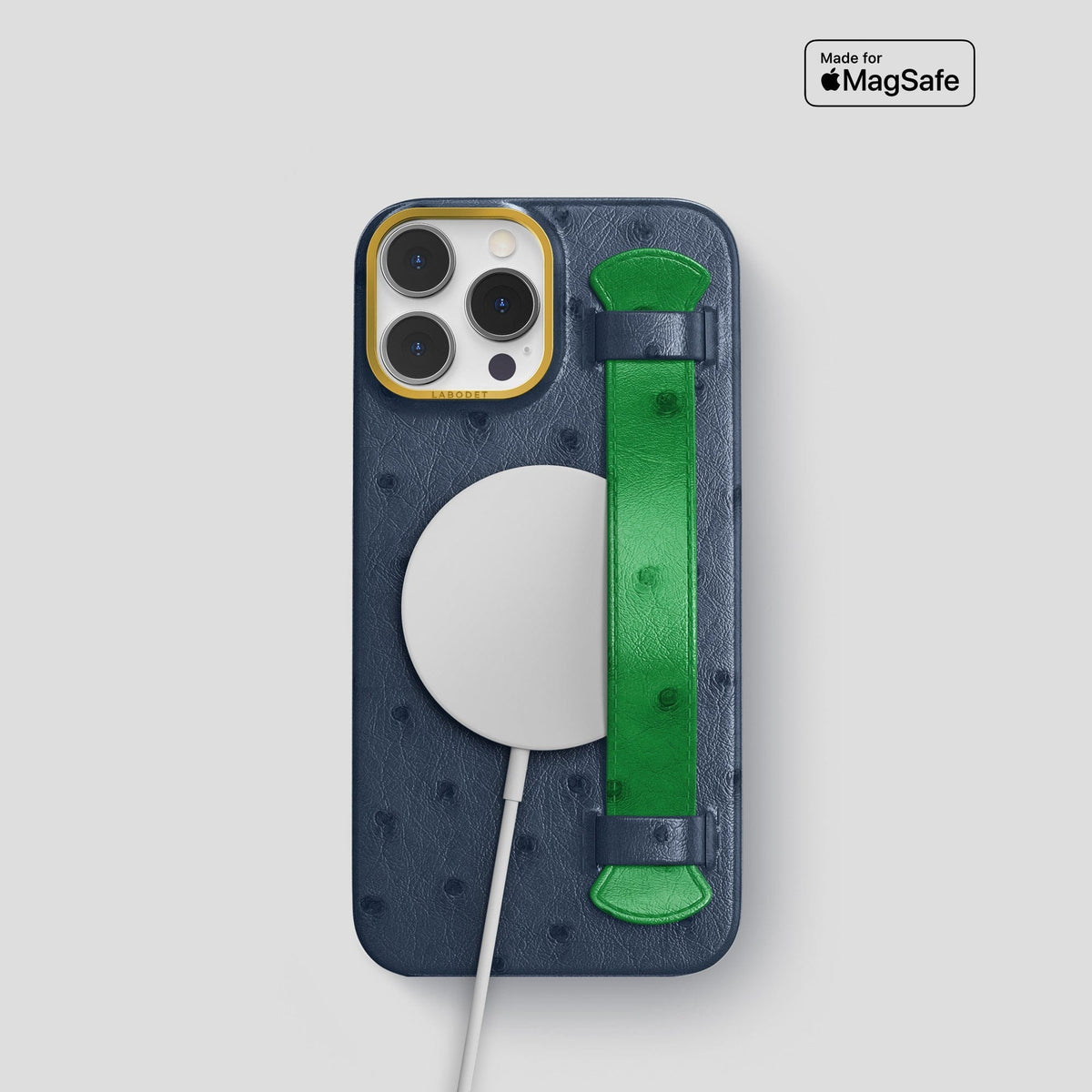 Navy-Blue-Kentucky-Green iPhone 15 Pro Handle Case Colore Ostrich with Gold Metal -5 | Navy-Blue-Kentucky-Green-Gold