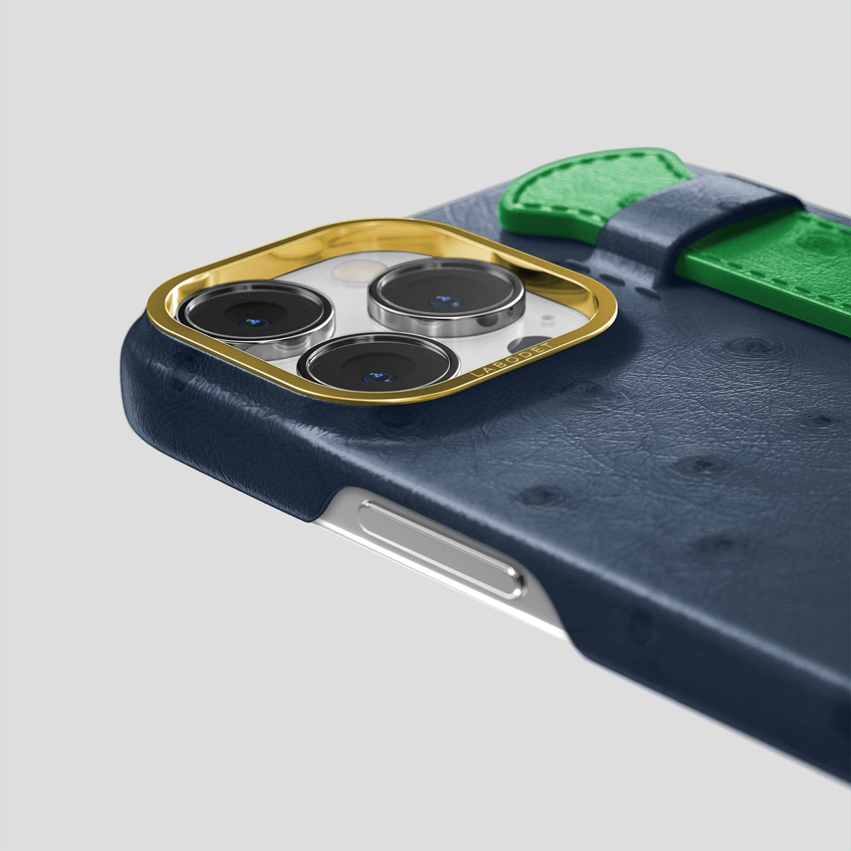 Navy-Blue-Kentucky-Green iPhone 14 Pro Handle Case Colore Ostrich with Gold Metal -2 | Navy-Blue-Kentucky-Green-Gold