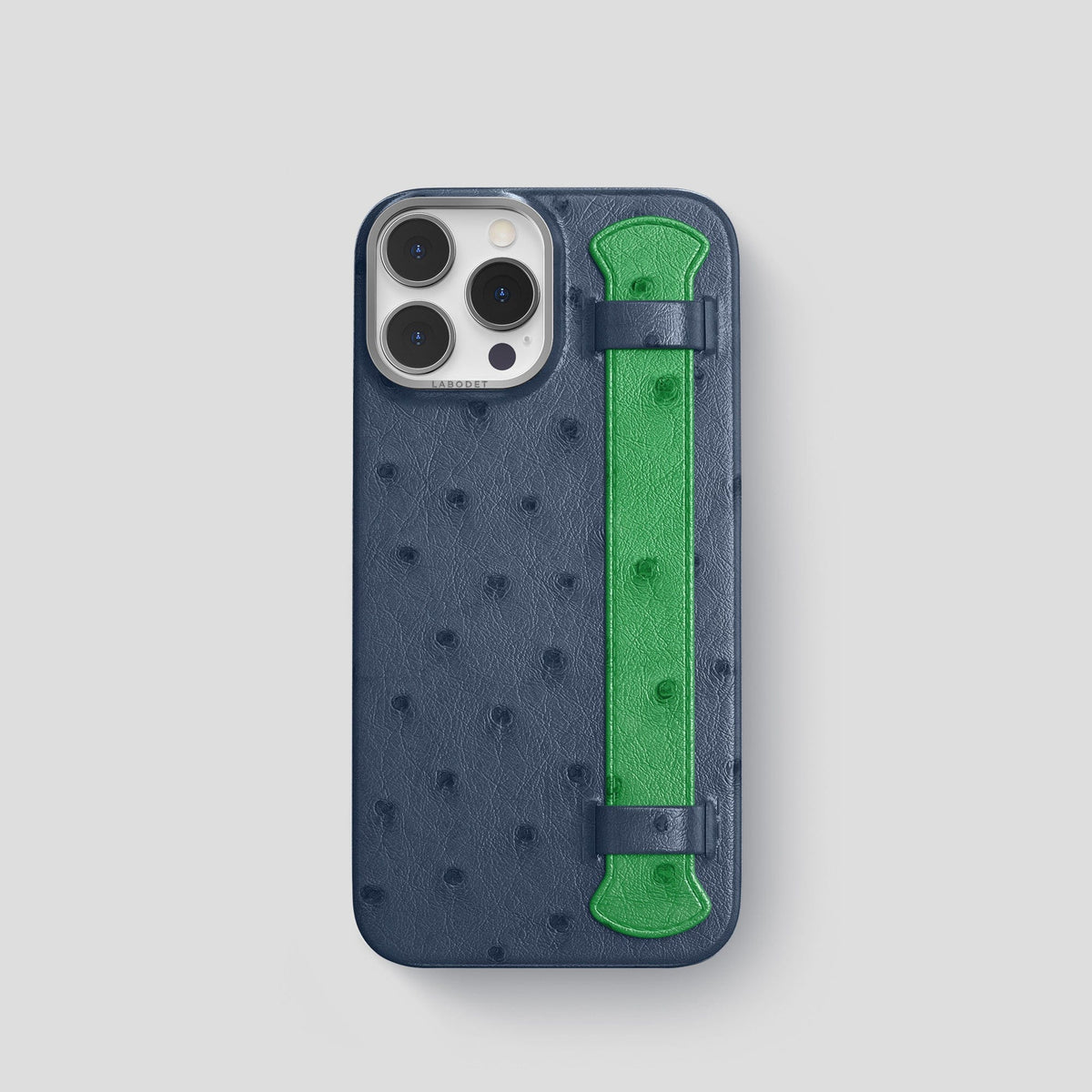 Navy-Blue-Kentucky-Green iPhone 15 Pro Handle Case Colore Ostrich with Steel Metal -1 | Navy-Blue-Kentucky-Green-Steel