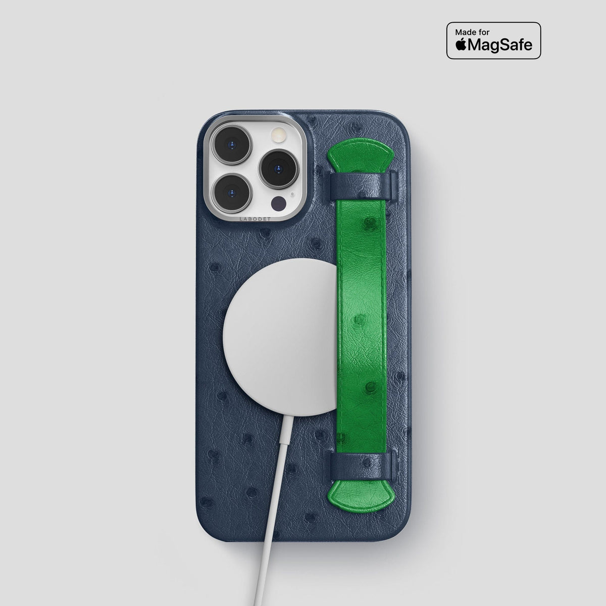 Navy-Blue-Kentucky-Green iPhone 15 Pro Handle Case Colore Ostrich with Steel Metal -5 | Navy-Blue-Kentucky-Green-Steel