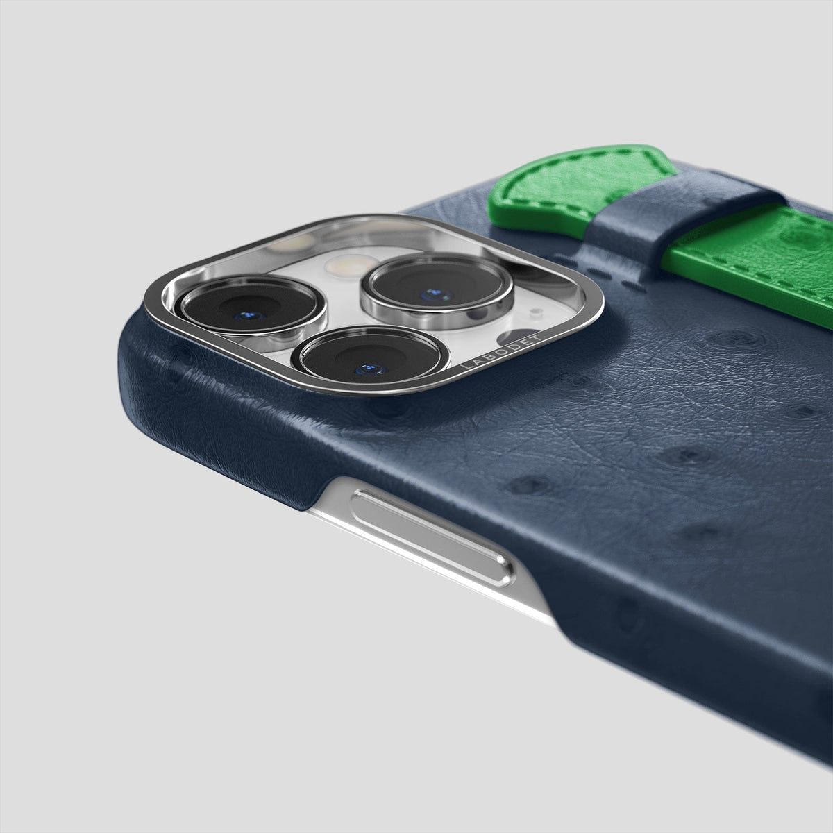 Navy-Blue-Kentucky-Green iPhone 15 Pro Handle Case Colore Ostrich with Steel Metal -6 | Navy-Blue-Kentucky-Green-Steel