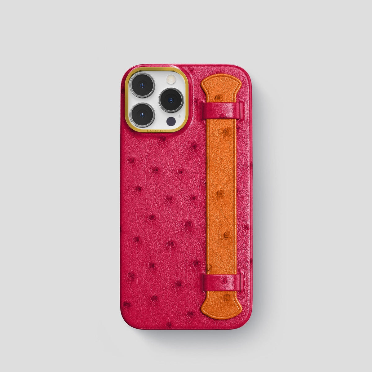 Bordeaux-Medium-Brown iPhone 15 Pro Handle Case Colore Ostrich with Gold Metal -1 | Bordeaux-Medium-Brown-Gold
