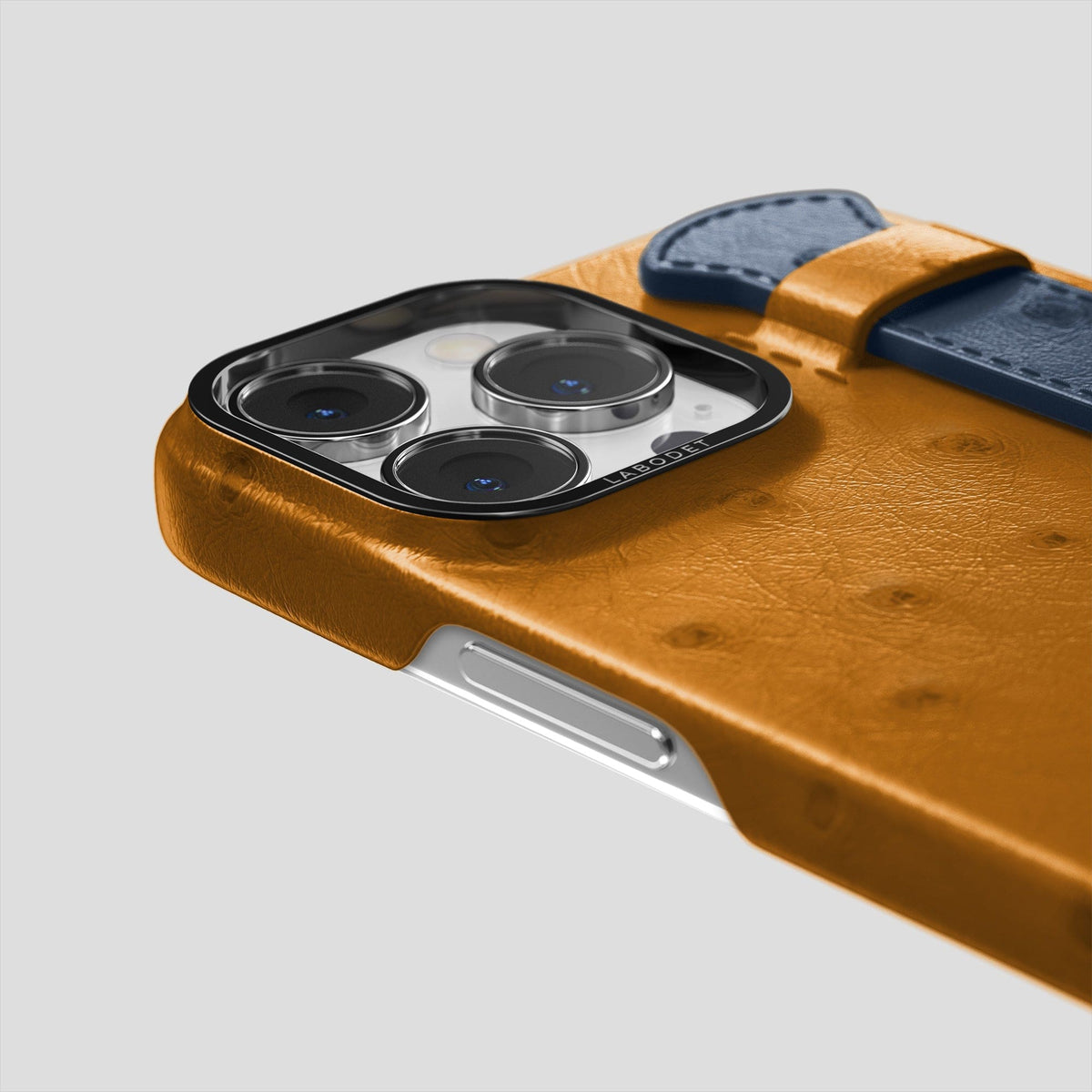Chestnut-Navy-Blue iPhone 14 Pro Handle Case Colore Ostrich with Black Metal -6 | Chestnut-Navy-Blue-Black