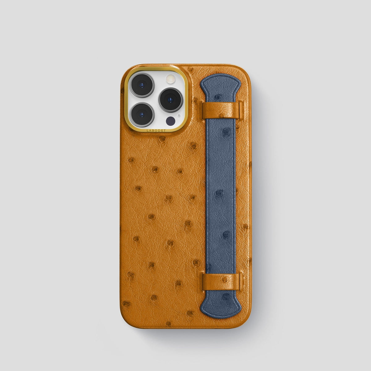 Chestnut-Navy-Blue iPhone 14 Pro Handle Case Colore Ostrich with Gold Metal -1 | Chestnut-Navy-Blue-Gold