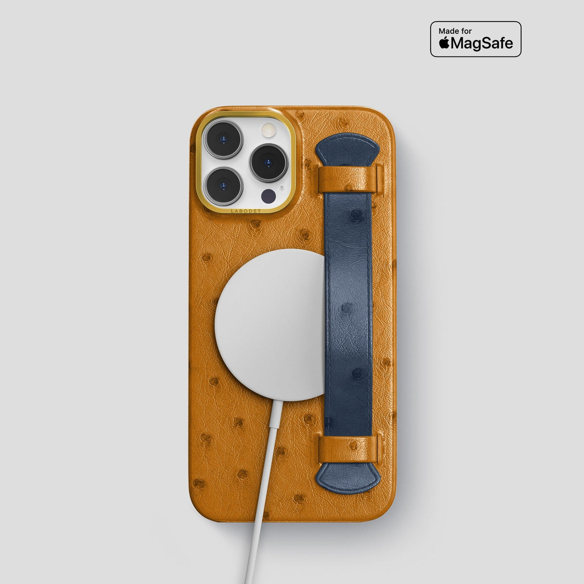 Chestnut-Navy-Blue iPhone 14 Pro Handle Case Colore Ostrich with Gold Metal -5 | Chestnut-Navy-Blue-Gold