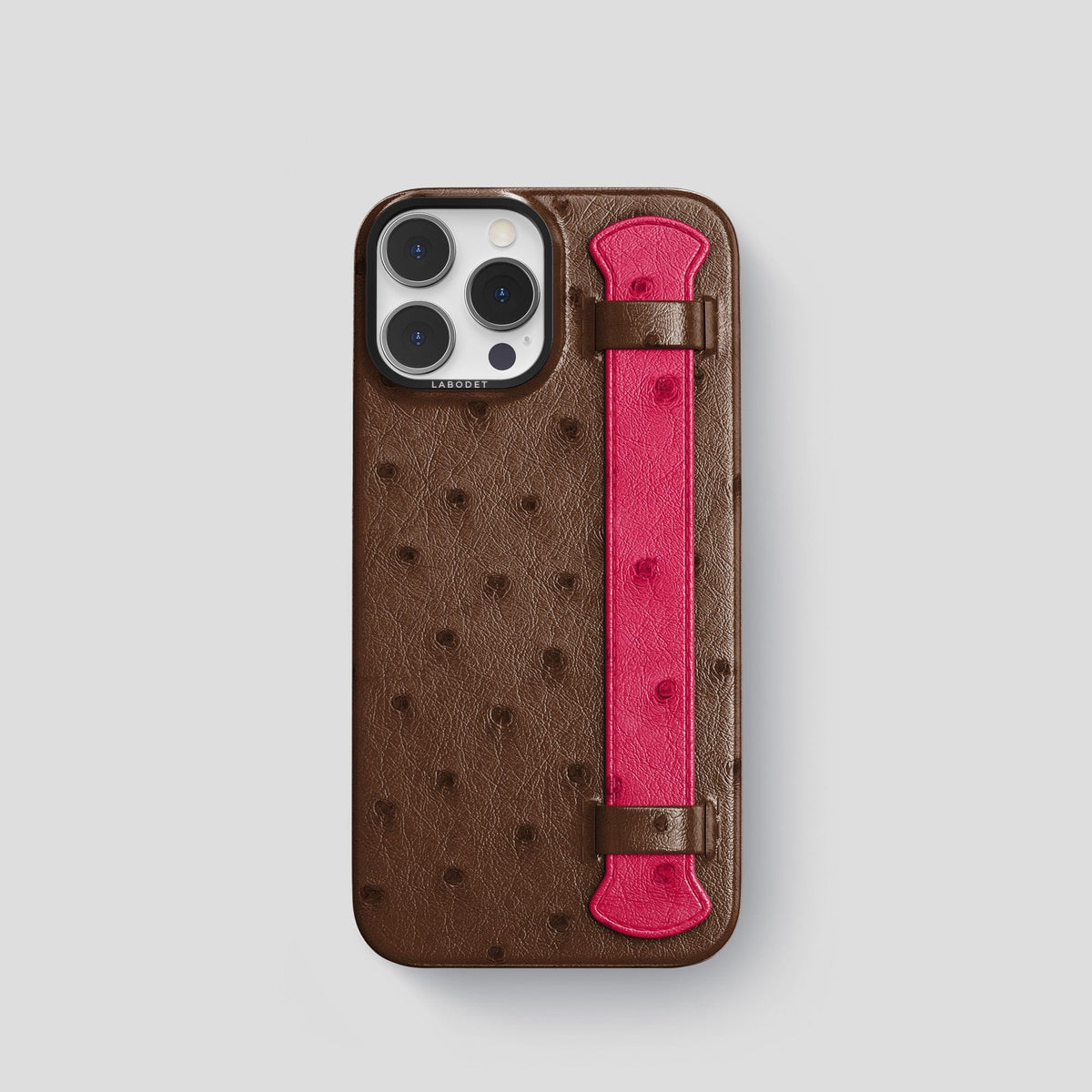Chocolate-Bordeaux iPhone 14 Pro Handle Case Colore Ostrich with Black Metal -1 | Chocolate-Bordeaux-Black