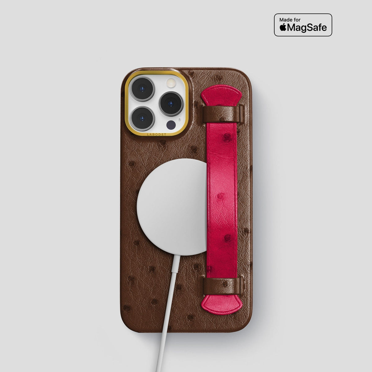 Chocolate-Bordeaux iPhone 14 Pro Handle Case Colore Ostrich with Gold Metal -1 | Chocolate-Bordeaux-Gold