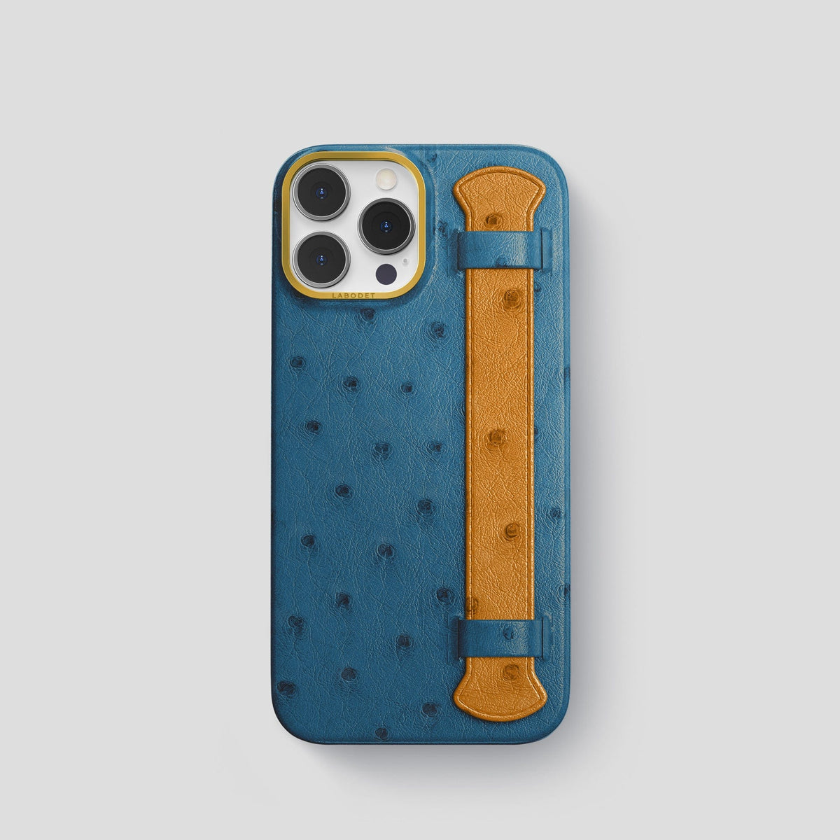 Blue-Jeans-Chestnut iPhone 14 Pro Handle Case Colore Ostrich with Gold Metal -1 | Blue-Jeans-Chestnut-Gold