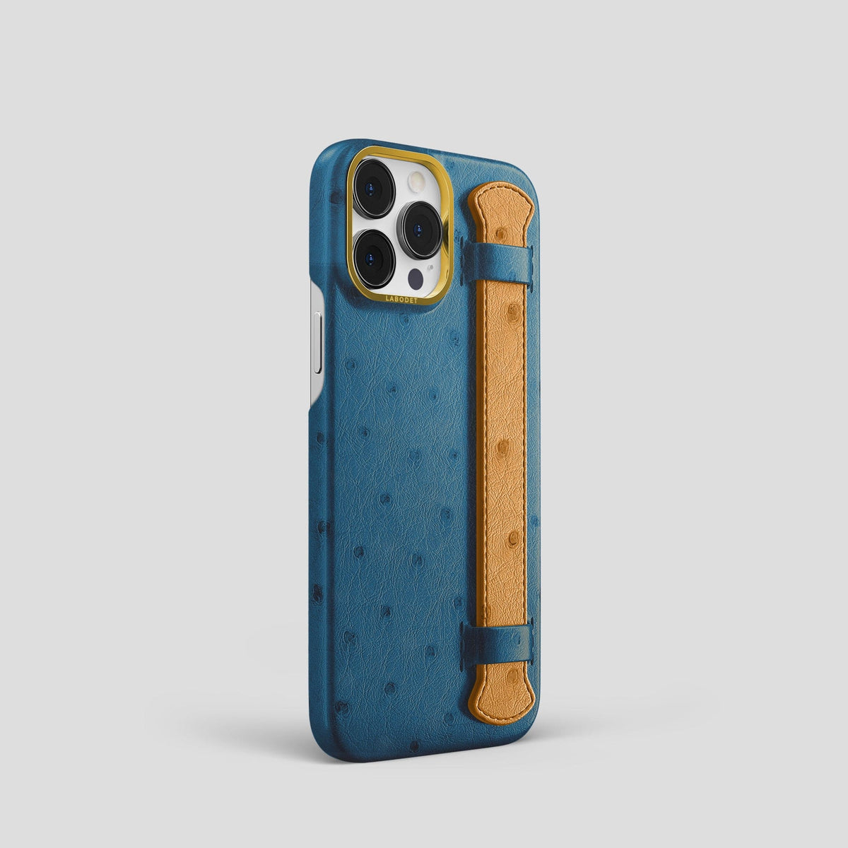 Blue-Jeans-Chestnut iPhone 14 Pro Handle Case Colore Ostrich with Gold Metal -2 | Blue-Jeans-Chestnut-Gold