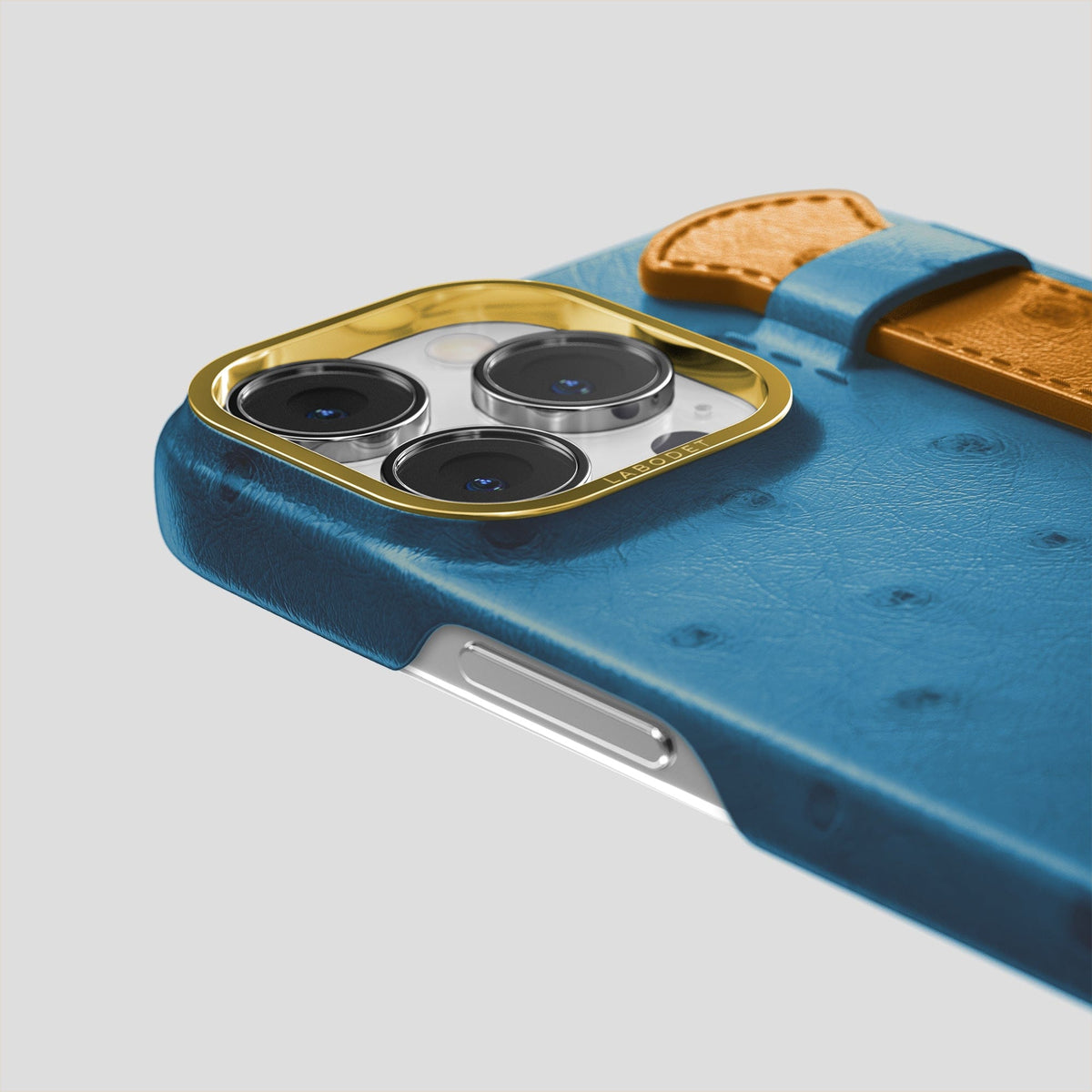 Blue-Jeans-Chestnut iPhone 14 Pro Handle Case Colore Ostrich with Gold Metal -6 | Blue-Jeans-Chestnut-Gold
