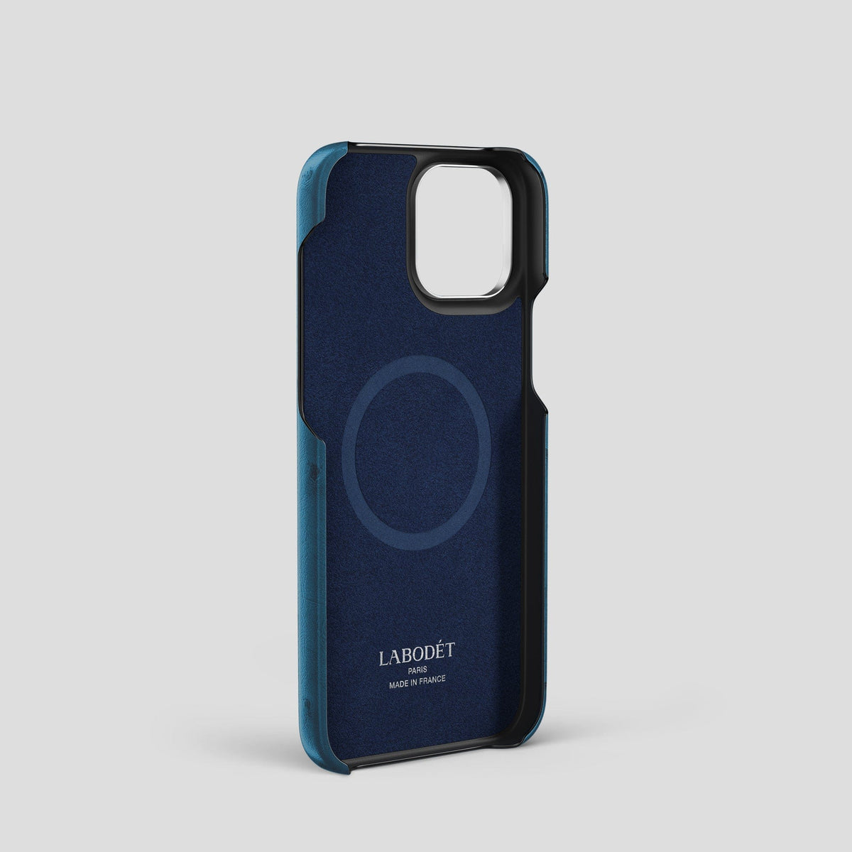 Blue-Jeans-Chestnut iPhone 14 Pro Handle Case Colore Ostrich with Steel Metal -4 | Blue-Jeans-Chestnut-Steel