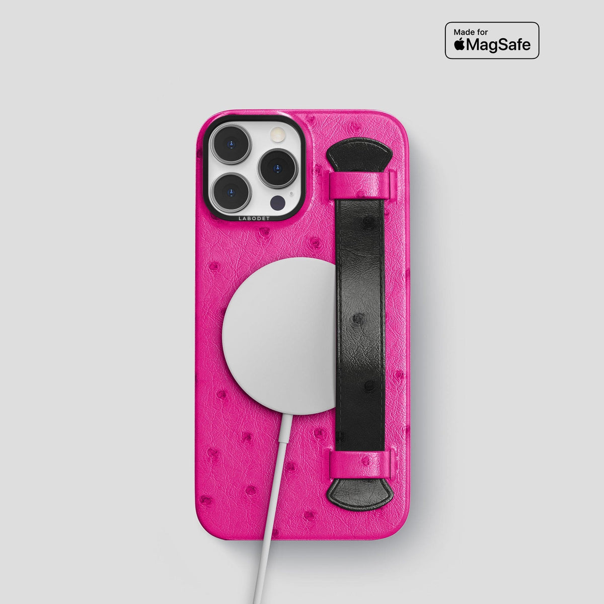Fuchsia-Black iPhone 14 Pro Handle Case Colore Ostrich with Black Metal -5 | Fuchsia-Black-Black