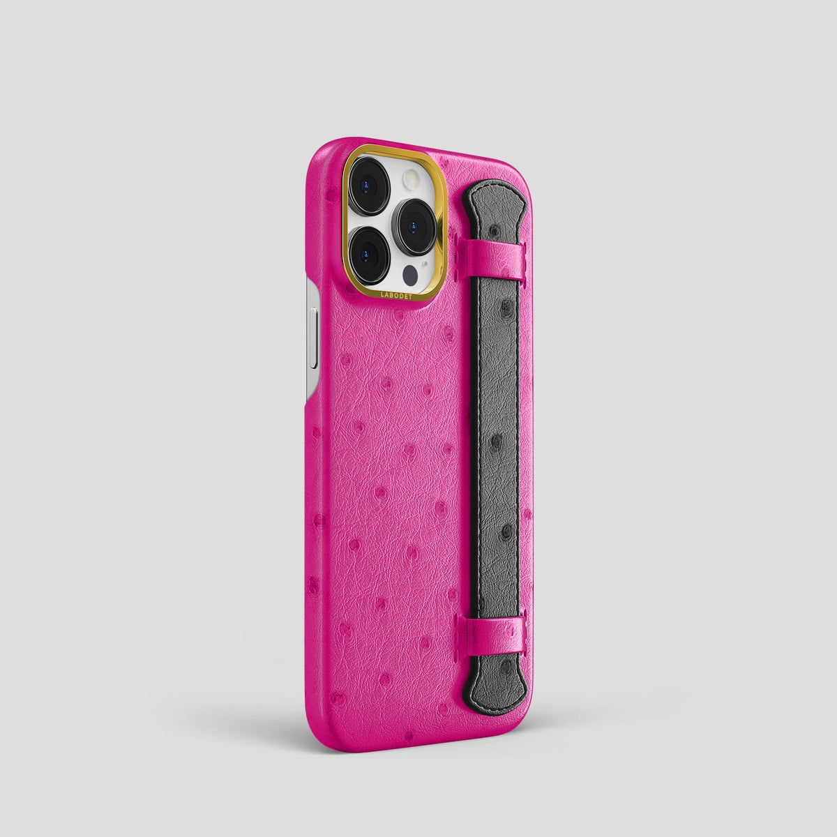 Fuchsia-Black iPhone 15 Pro Handle Case Colore Ostrich with Gold Metal -2 | Fuchsia-Black-Gold