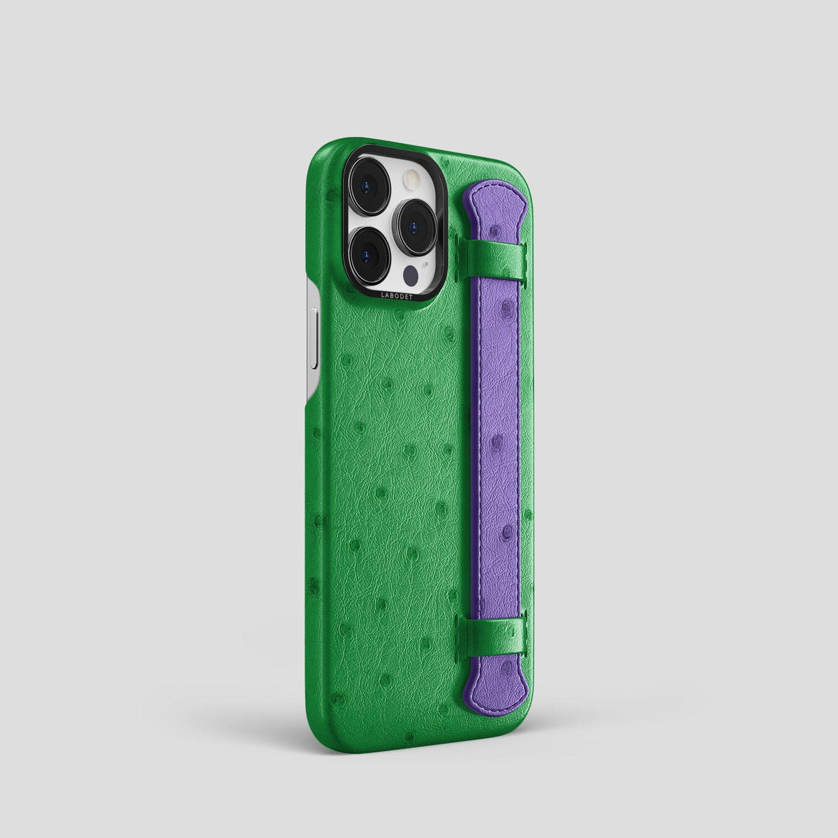 Kentucky-Green-Purple iPhone 14 Pro Handle Case Colore Ostrich with Black Metal -2 | Kentucky-Green-Purple-Black