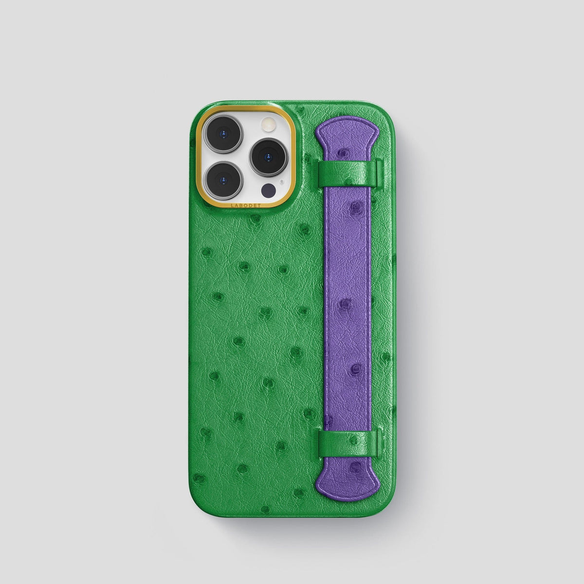 Kentucky-Green-Purple iPhone 14 Pro Handle Case Colore Ostrich with Gold Metal -1 | Kentucky-Green-Purple-Gold