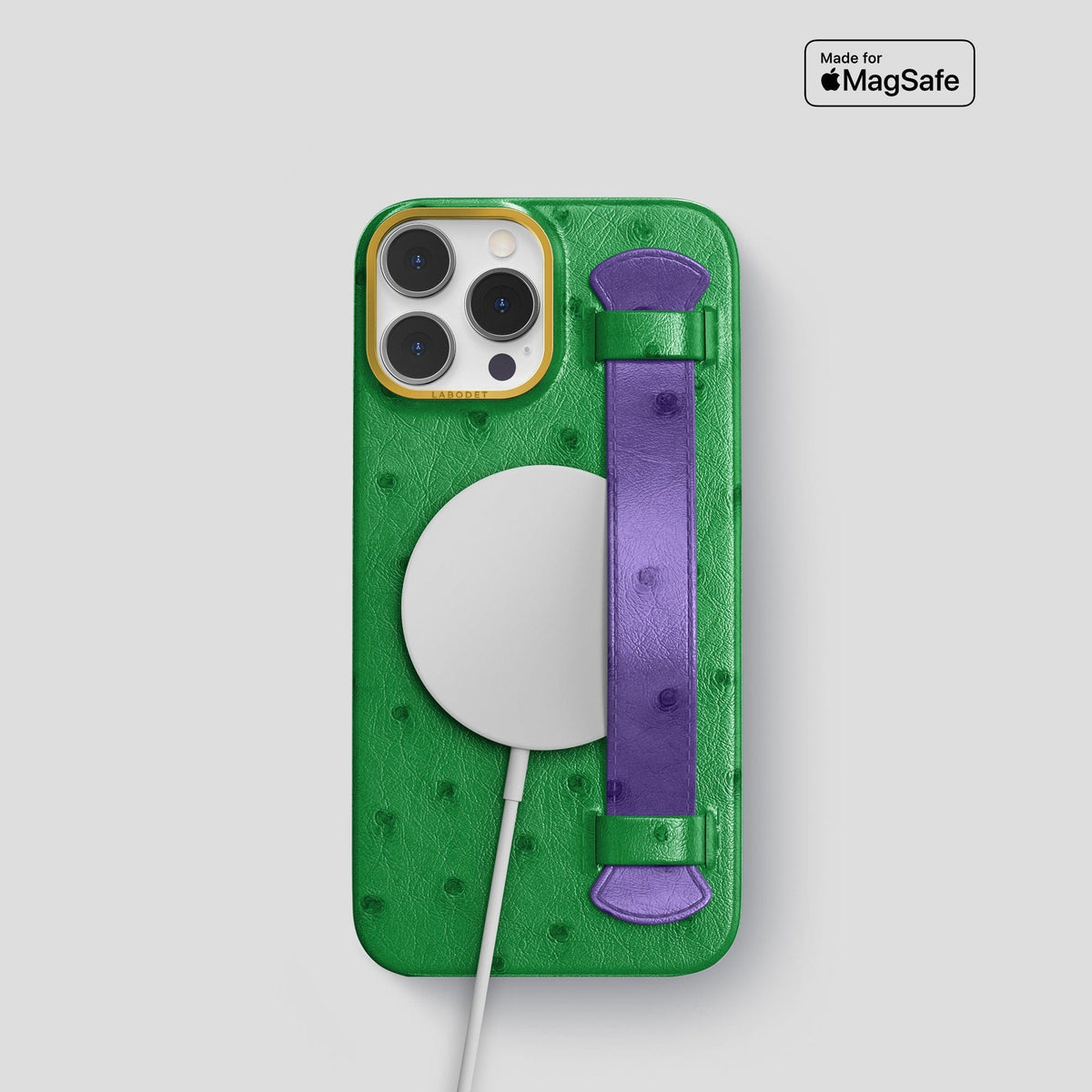 Kentucky-Green-Purple iPhone 15 Pro Handle Case Colore Ostrich with Gold Metal -5 | Kentucky-Green-Purple-Gold