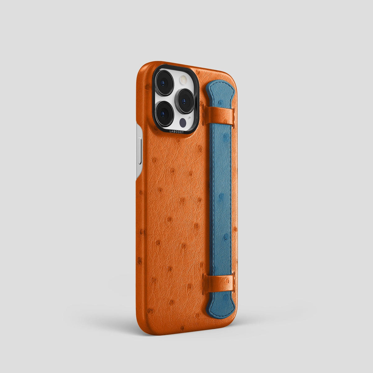 Medium-Brown-Blue-Jeans iPhone 15 Pro Handle Case Colore Ostrich with Black Metal -2 | Medium-Brown-Blue-Jeans-Black