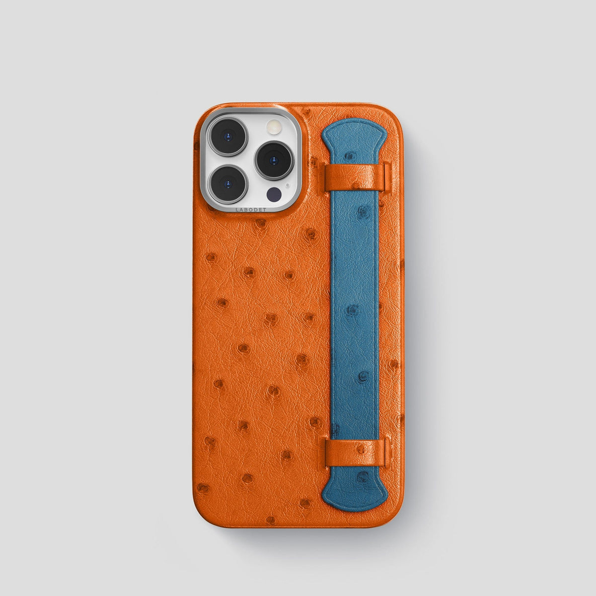 Medium-Brown-Blue-Jeans iPhone 14 Pro Handle Case Colore Ostrich with Steel Metal -1 | Medium-Brown-Blue-Jeans-Steel