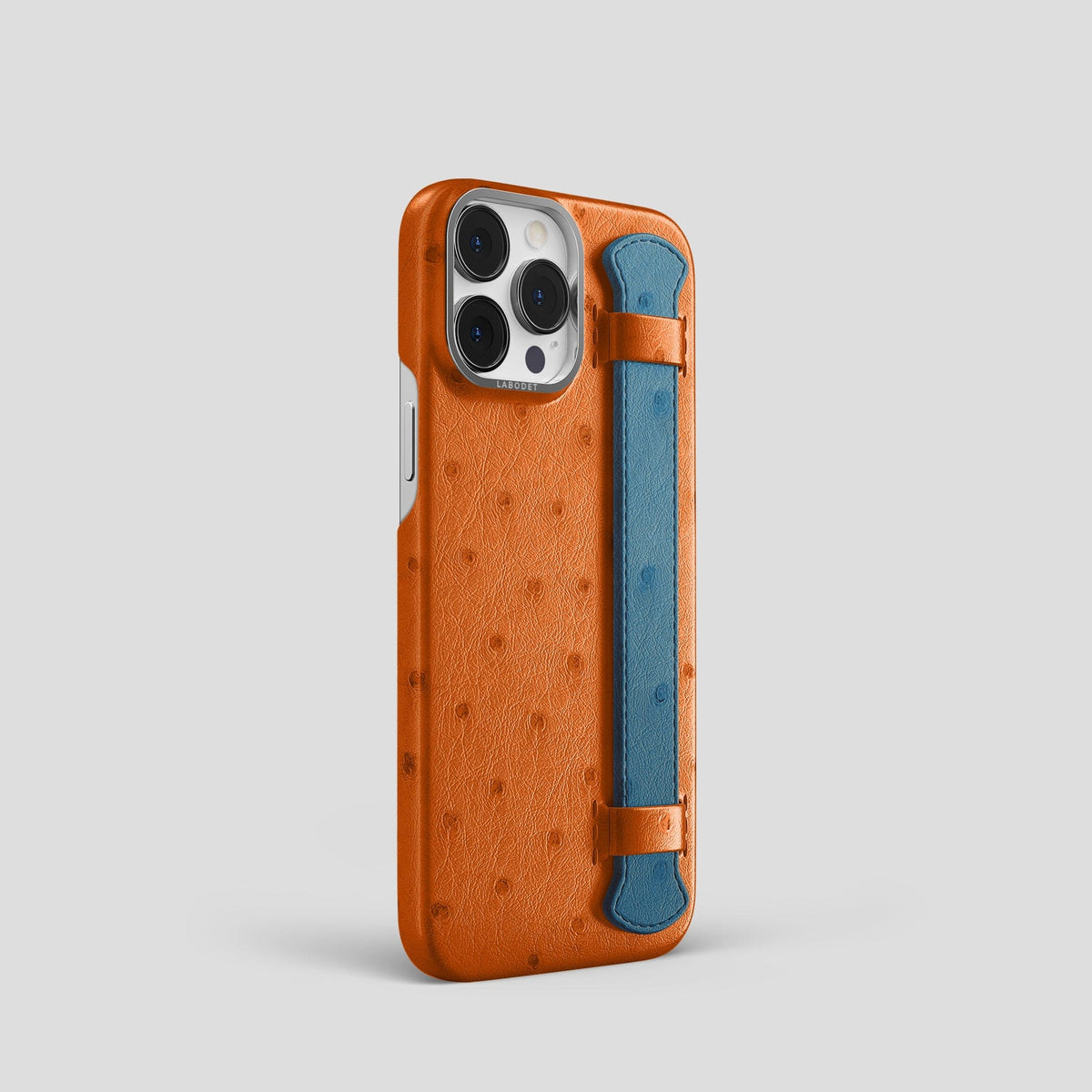 Medium-Brown-Blue-Jeans iPhone 15 Pro Handle Case Colore Ostrich with Steel Metal -2 | Medium-Brown-Blue-Jeans-Steel