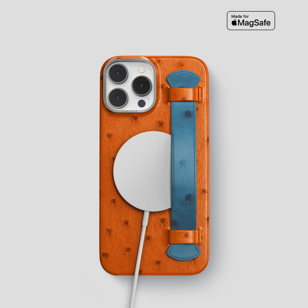 Medium-Brown-Blue-Jeans iPhone 14 Pro Handle Case Colore Ostrich with Steel Metal -5 | Medium-Brown-Blue-Jeans-Steel