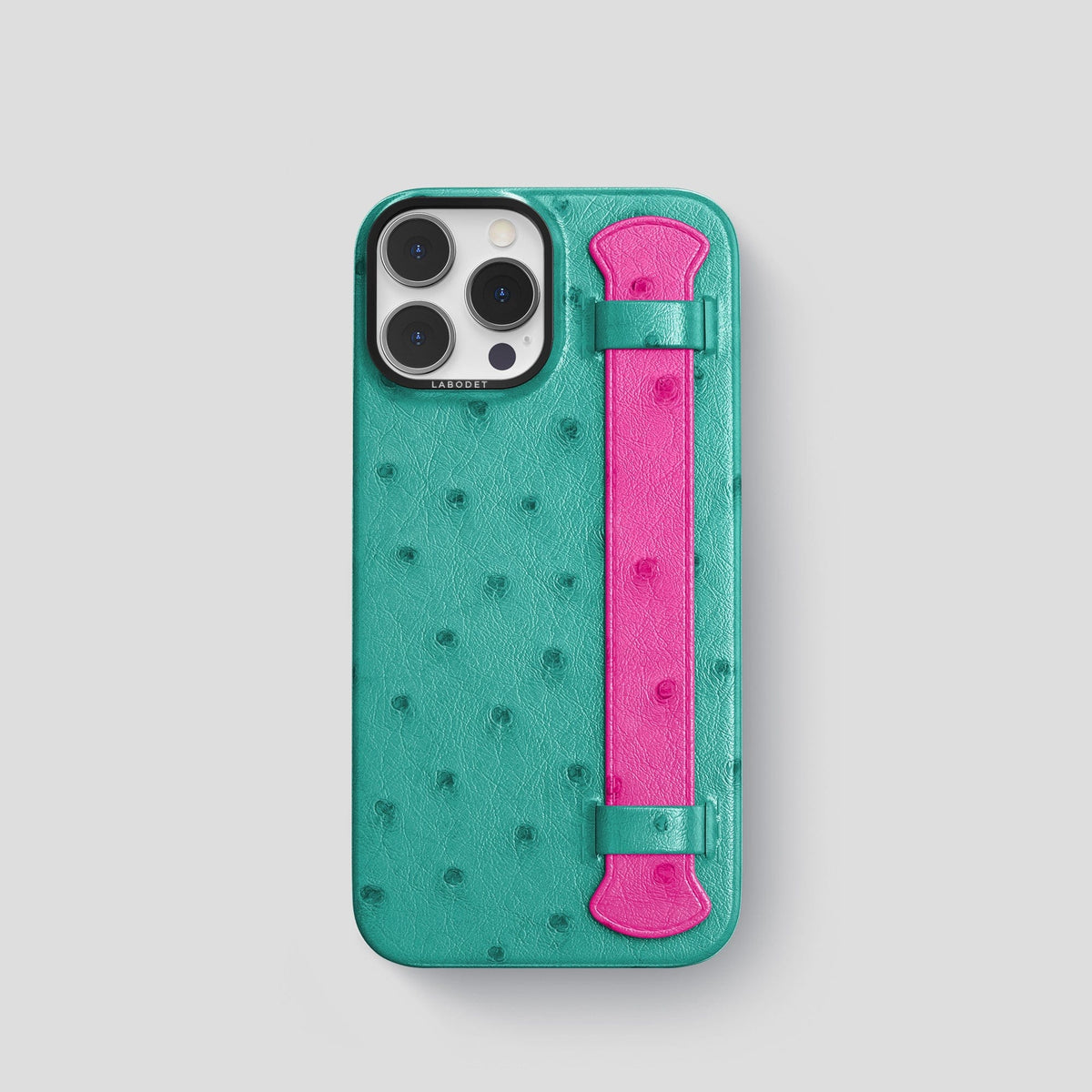 Turquoise-Fuchsia iPhone 14 Pro Handle Case Colore Ostrich with Black Metal -1 | Turquoise-Fuchsia-Black
