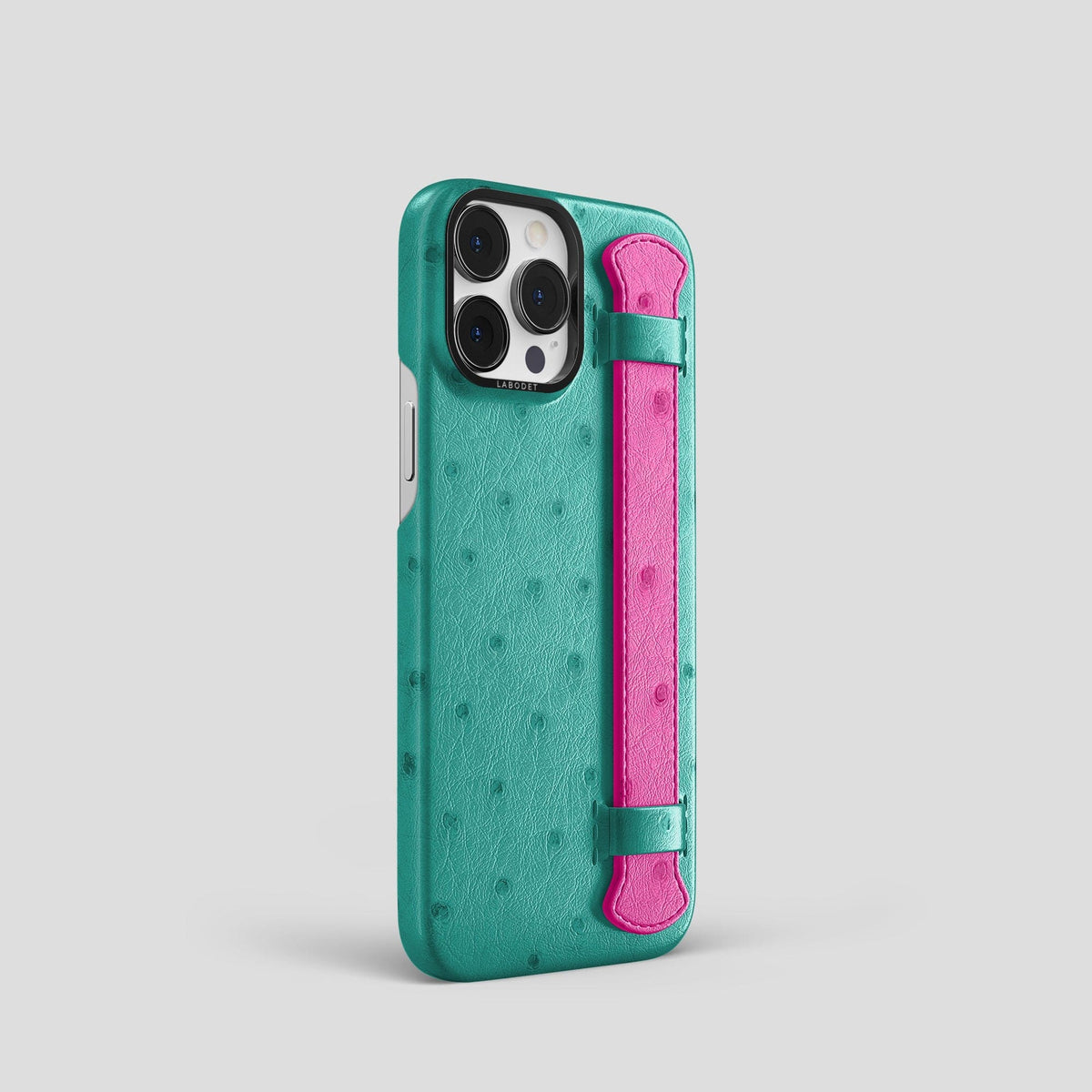 Turquoise-Fuchsia iPhone 14 Pro Handle Case Colore Ostrich with Black Metal -2 | Turquoise-Fuchsia-Black