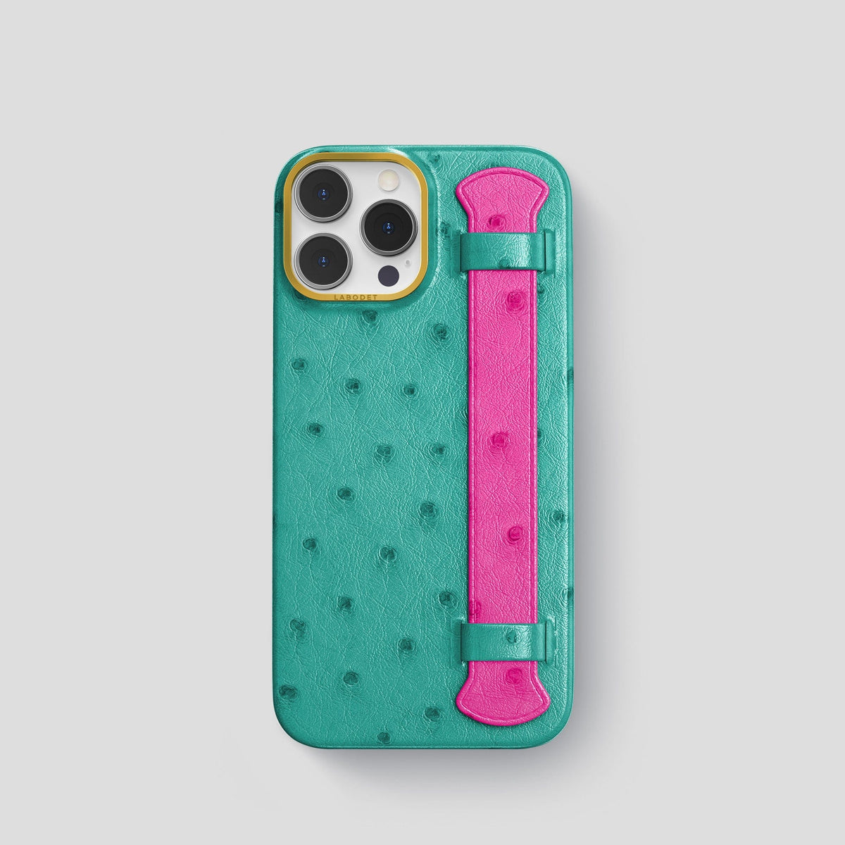 Turquoise-Fuchsia iPhone 14 Pro Handle Case Colore Ostrich with Gold Metal -1 | Turquoise-Fuchsia-Gold