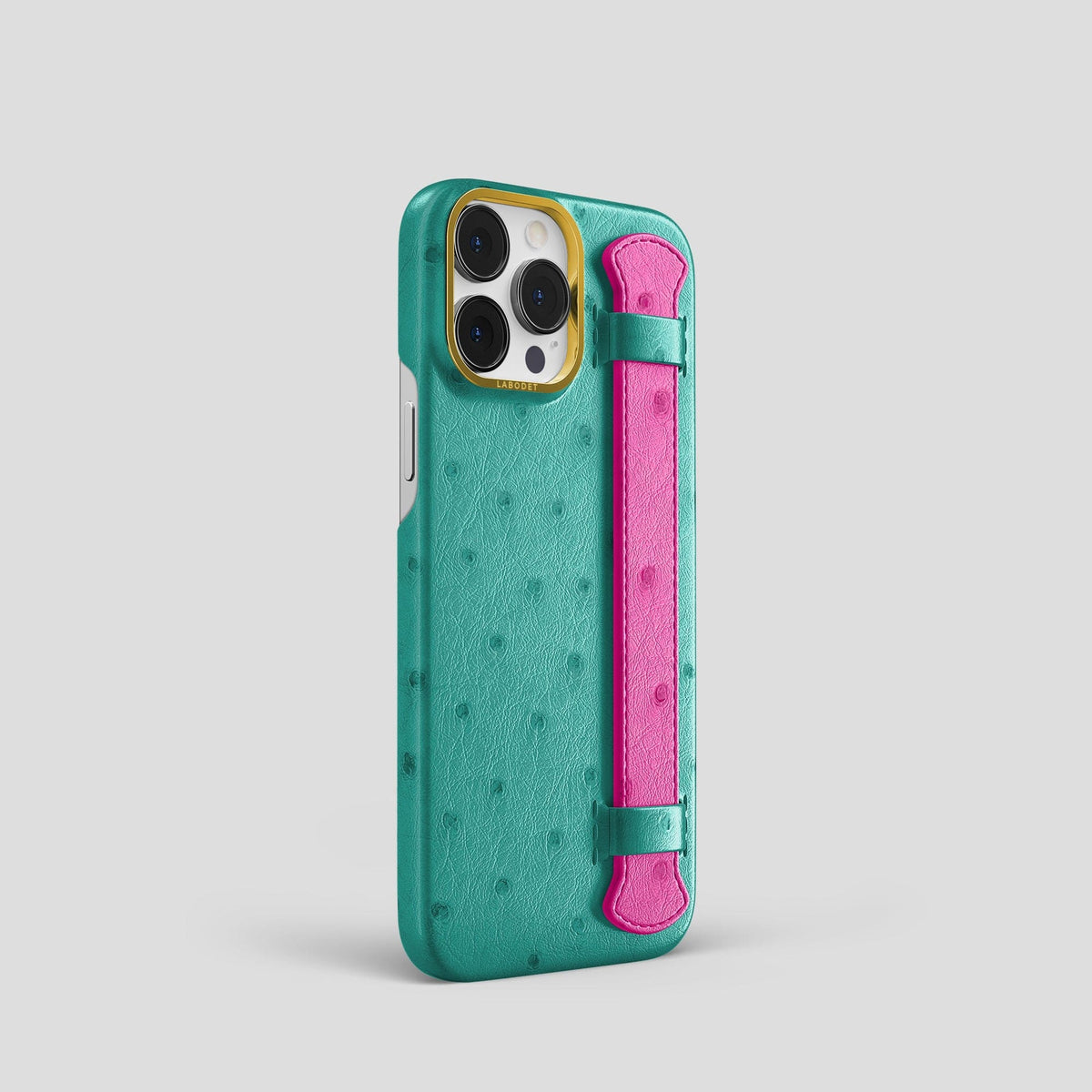 Turquoise-Fuchsia iPhone 15 Pro Handle Case Colore Ostrich with Gold Metal -2 | Turquoise-Fuchsia-Gold