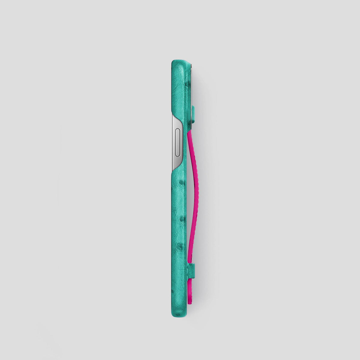 Turquoise-Fuchsia iPhone 14 Pro Handle Case Colore Ostrich with Steel Metal -1 | Turquoise-Fuchsia-Steel