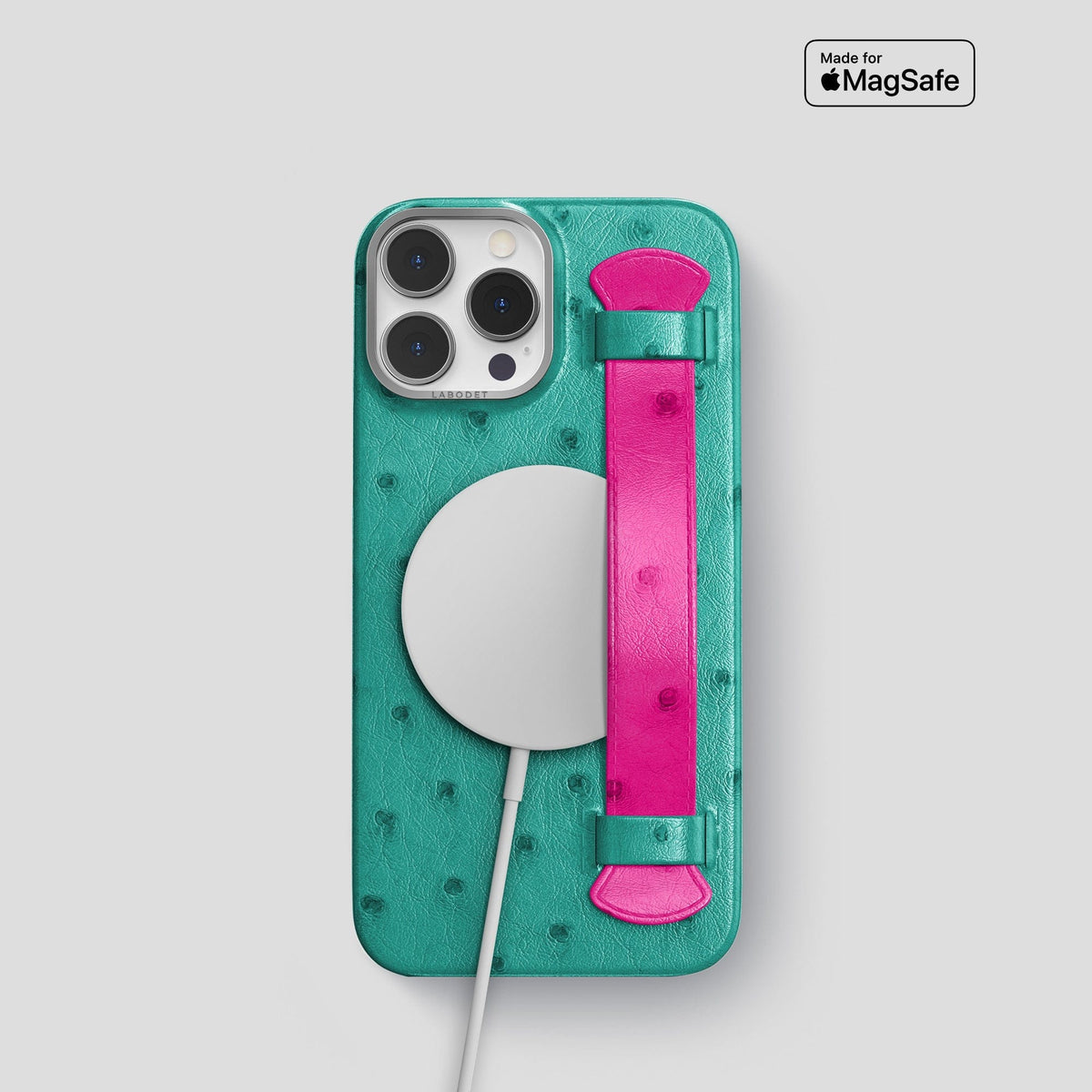 Turquoise-Fuchsia iPhone 15 Pro Handle Case Colore Ostrich with Steel Metal -5 | Turquoise-Fuchsia-Steel