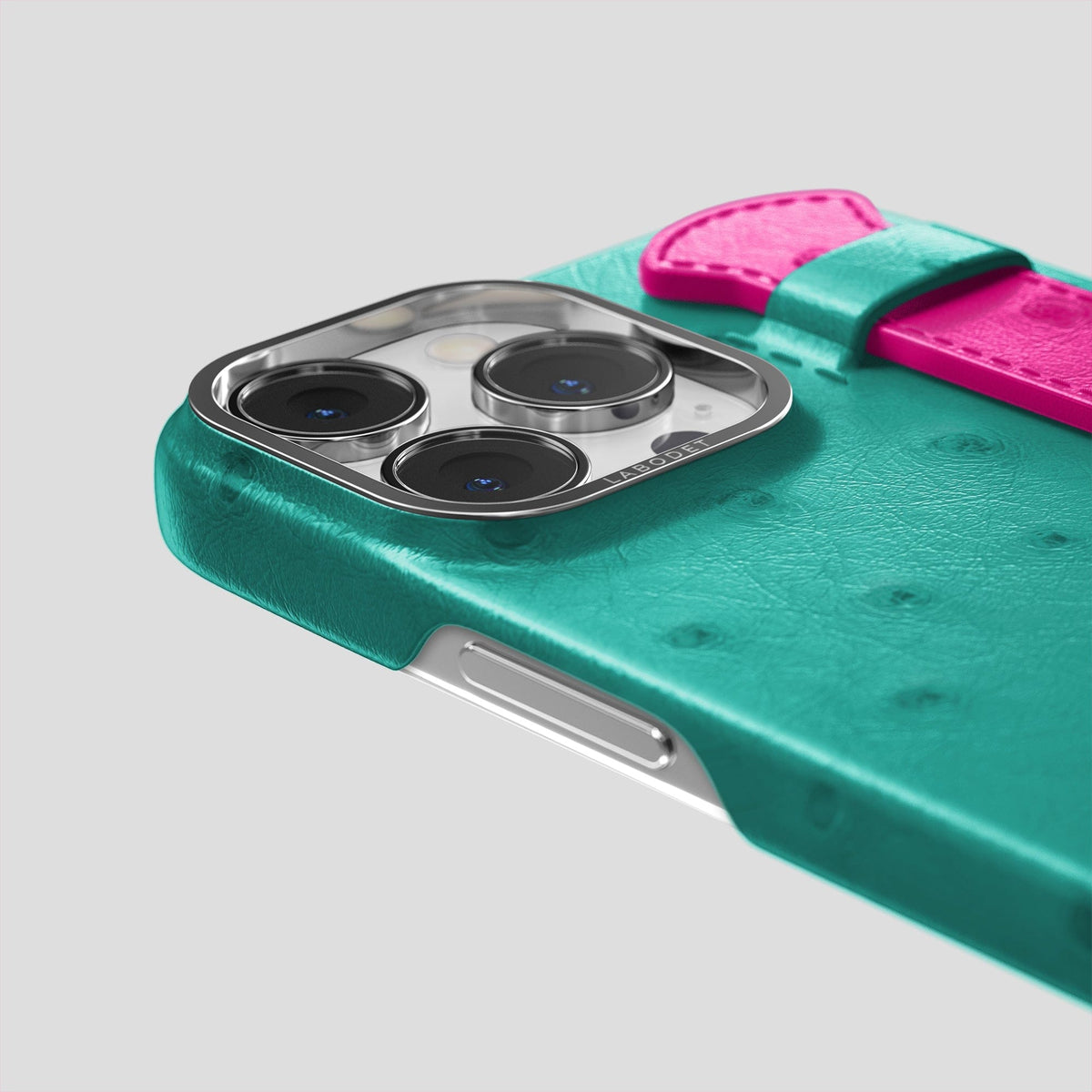 Turquoise-Fuchsia iPhone 15 Pro Handle Case Colore Ostrich with Steel Metal -6 | Turquoise-Fuchsia-Steel
