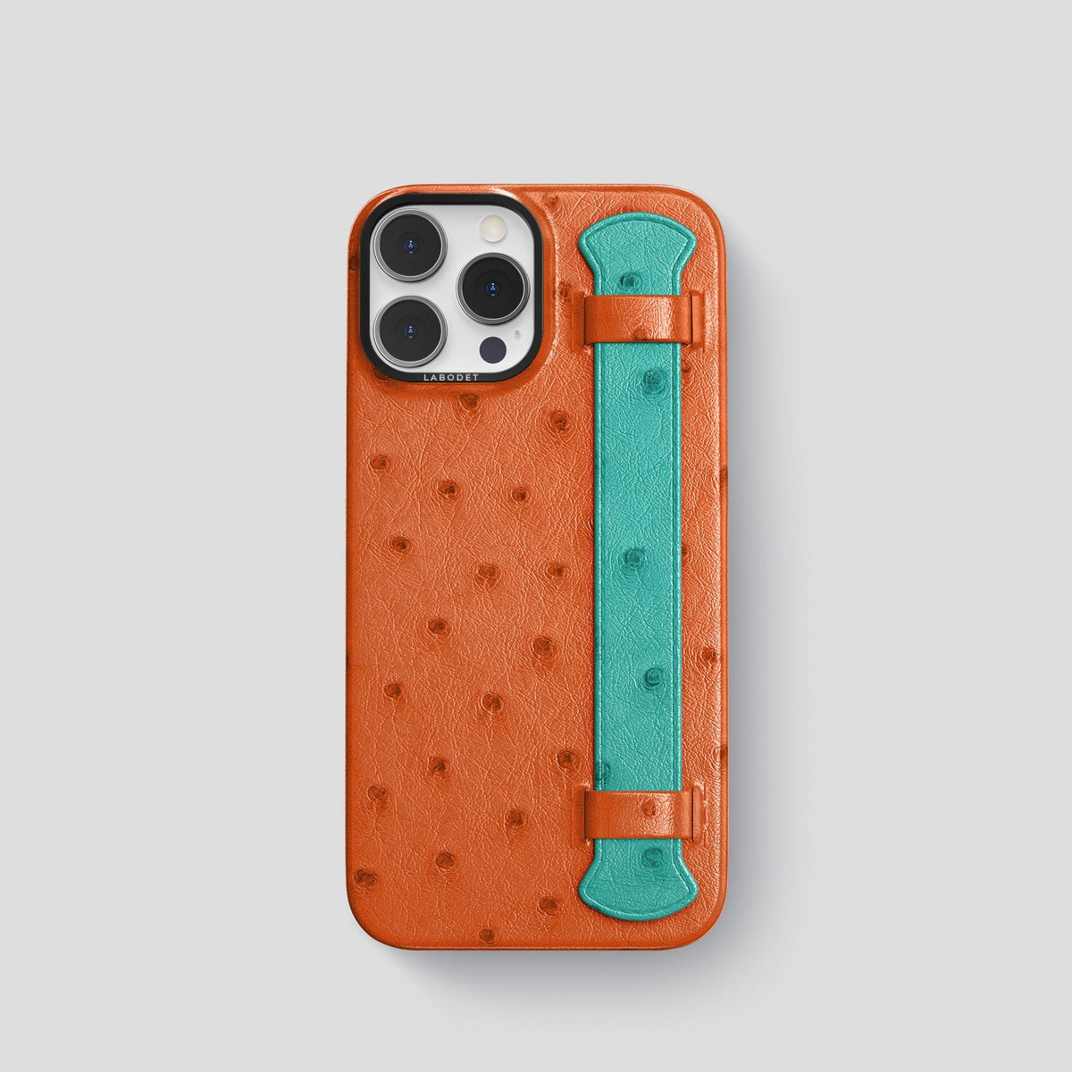 Orange-Turquoise iPhone 14 Pro Handle Case Colore Ostrich with Black Metal -1 | Orange-Turquoise-Black