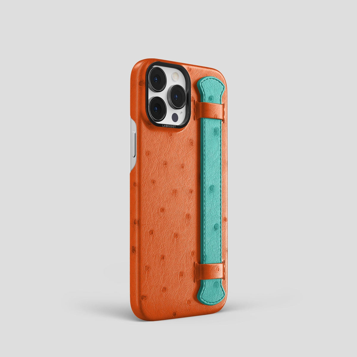 Orange-Turquoise iPhone 14 Pro Handle Case Colore Ostrich with Black Metal -2 | Orange-Turquoise-Black