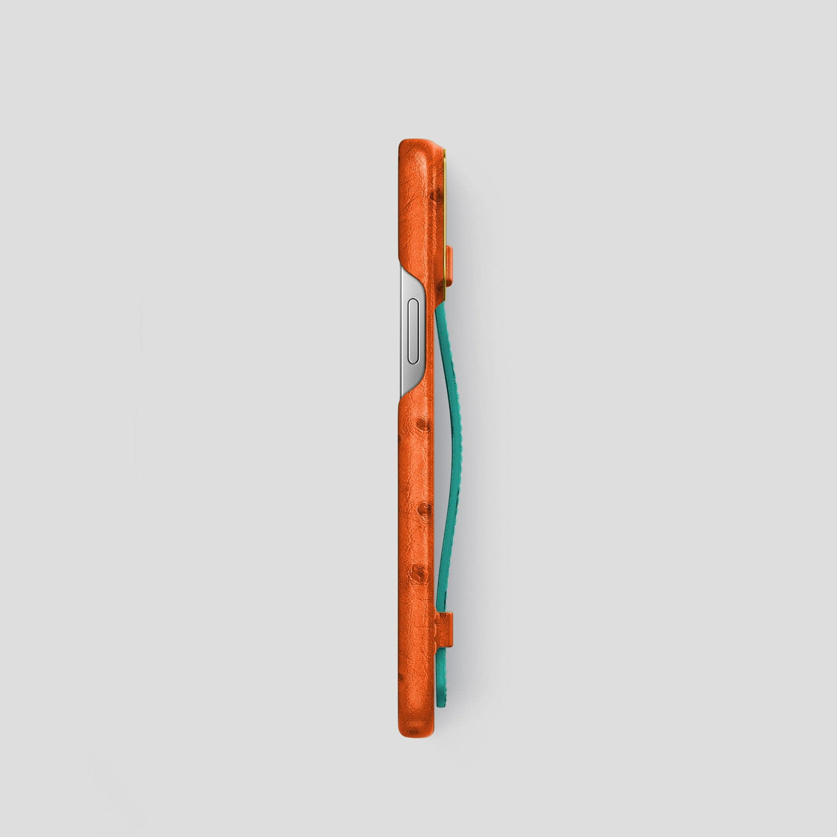 Orange-Turquoise iPhone 15 Pro Handle Case Colore Ostrich with Gold Metal -3 | Orange-Turquoise-Gold