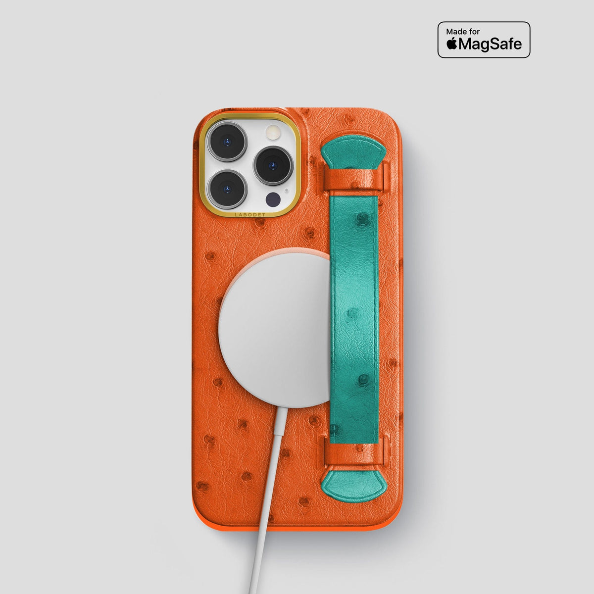 Orange-Turquoise iPhone 14 Pro Handle Case Colore Ostrich with Gold Metal -5 | Orange-Turquoise-Gold