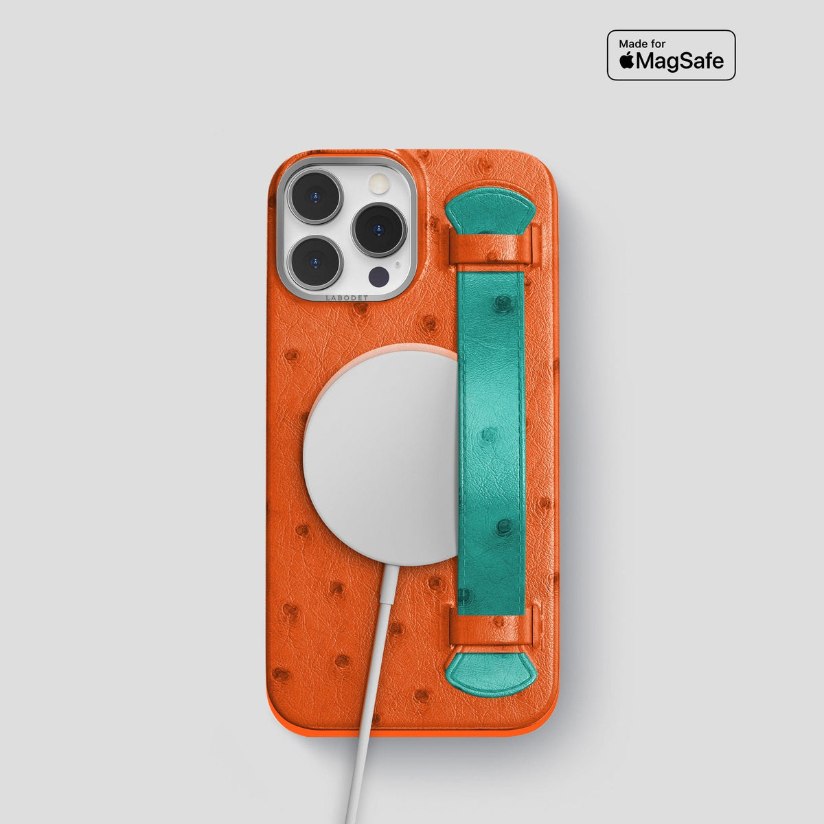 Orange-Turquoise iPhone 15 Pro Handle Case Colore Ostrich with Steel Metal -5 | Orange-Turquoise-Steel