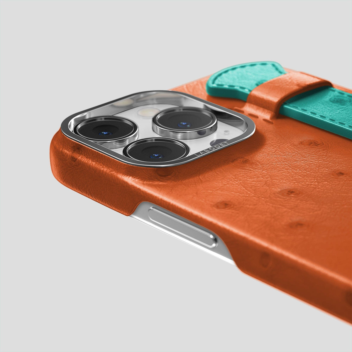 Orange-Turquoise iPhone 14 Pro Handle Case Colore Ostrich with Steel Metal -6 | Orange-Turquoise-Steel
