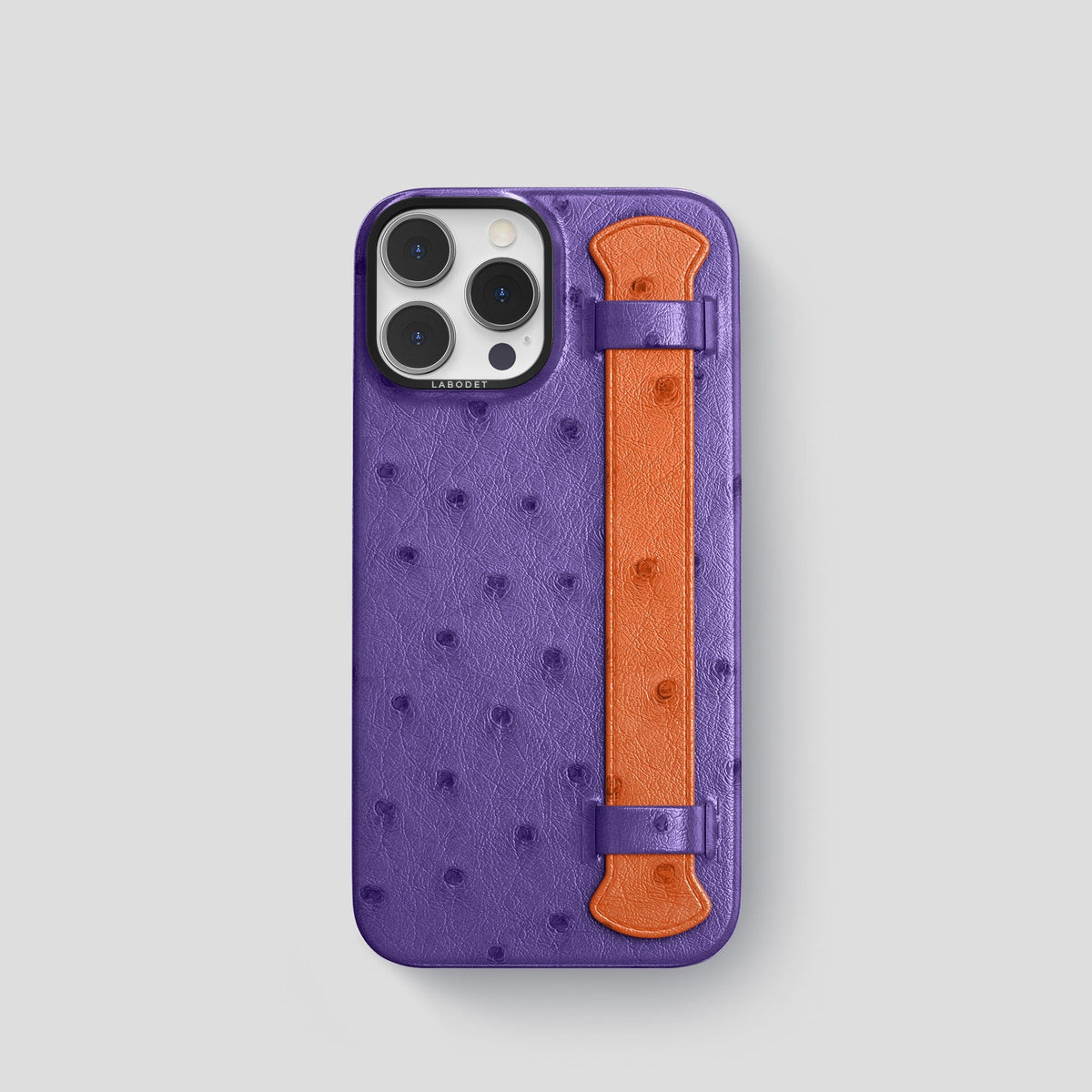 Purple-Orange iPhone 15 Pro Handle Case Colore Ostrich with Black Metal -1 | Purple-Orange-Black
