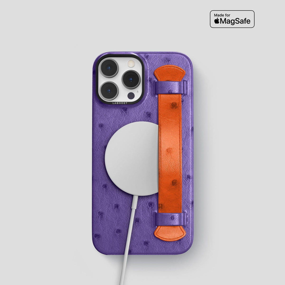 Purple-Orange iPhone 14 Pro Handle Case Colore Ostrich with Black Metal -5 | Purple-Orange-Black