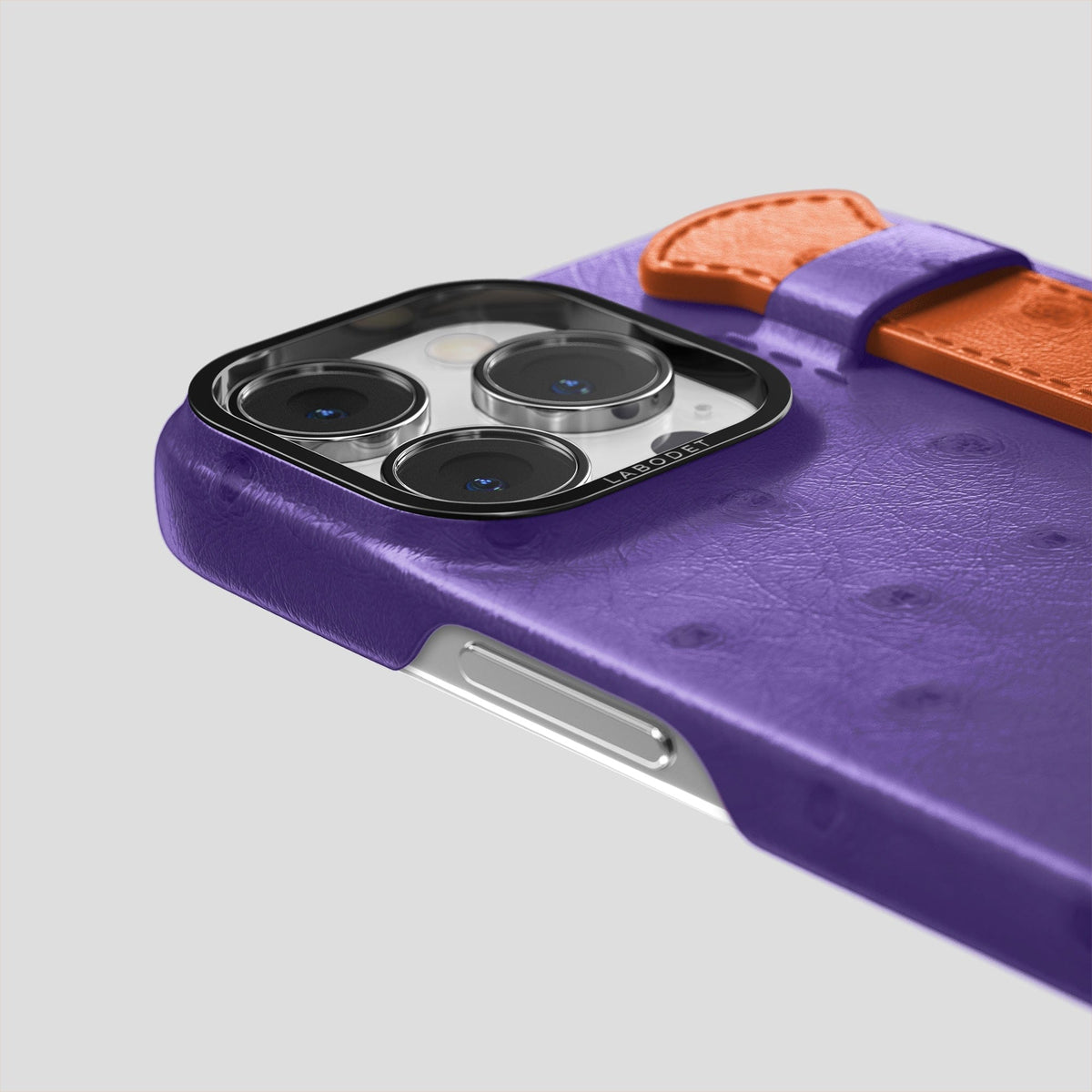 Purple-Orange iPhone 14 Pro Handle Case Colore Ostrich with Black Metal -2 | Purple-Orange-Black