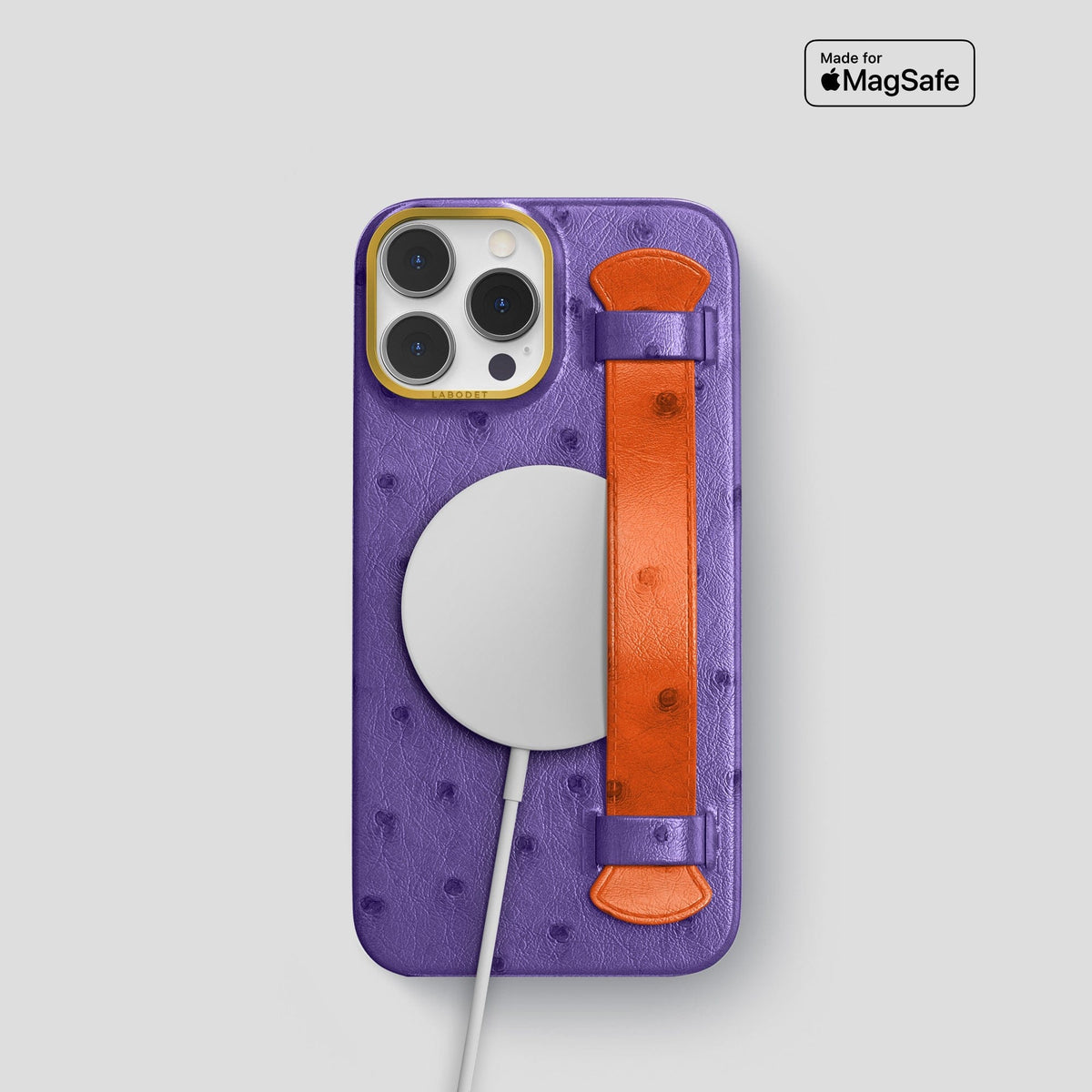 Purple-Orange iPhone 14 Pro Handle Case Colore Ostrich with Gold Metal -5 | Purple-Orange-Gold
