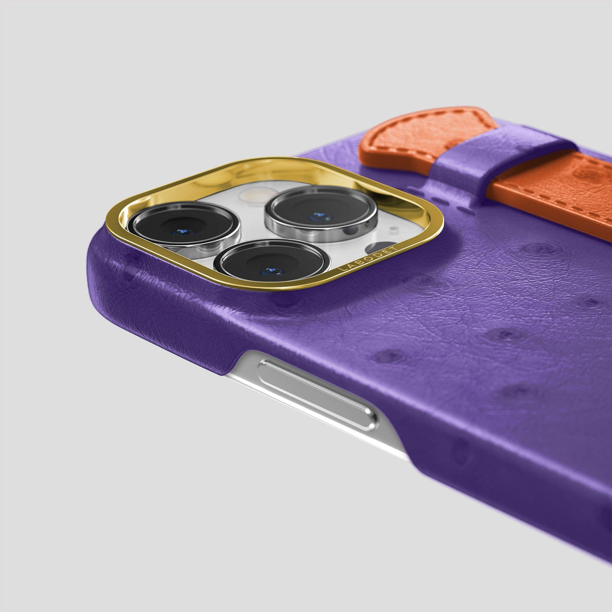 Purple-Orange iPhone 14 Pro Handle Case Colore Ostrich with Gold Metal -6 | Purple-Orange-Gold