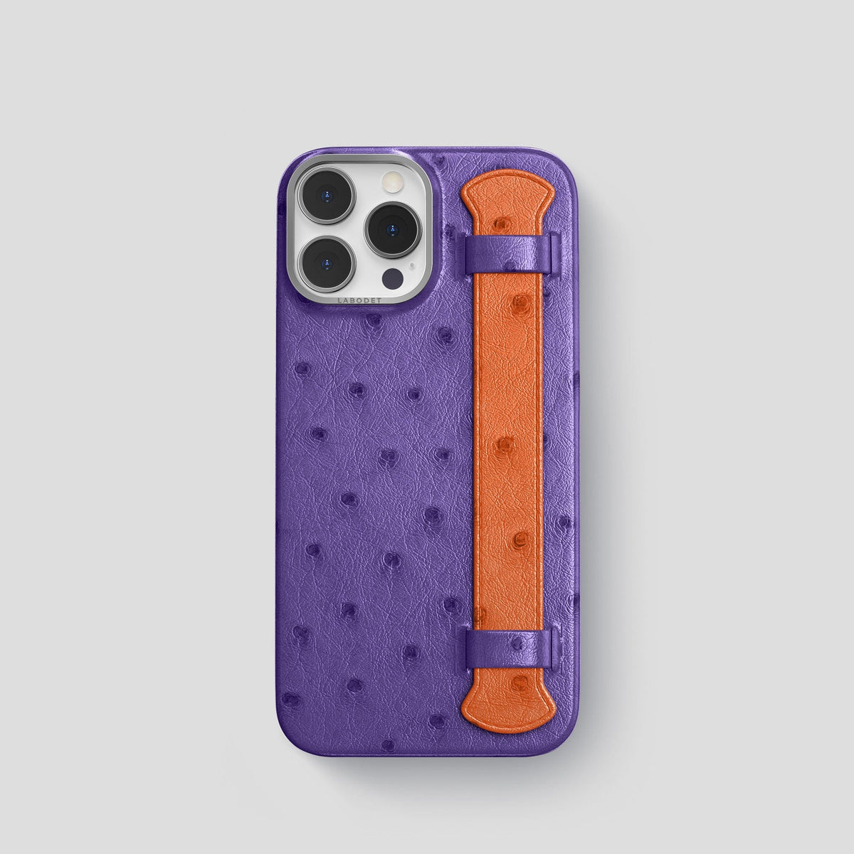 Purple-Orange iPhone 15 Pro Handle Case Colore Ostrich with Steel Metal -1 | Purple-Orange-Steel