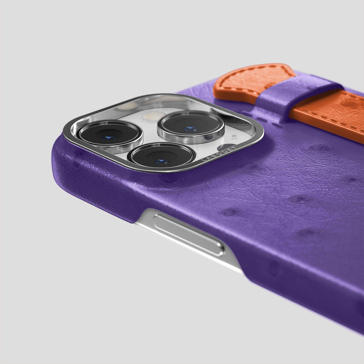 Purple-Orange iPhone 15 Pro Handle Case Colore Ostrich with Steel Metal -6 | Purple-Orange-Steel