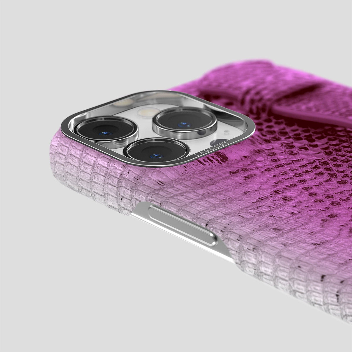 Fuchsia iPhone 14 Pro Himalayan Lizard Strap Case with Steel Metal -6 | Fuchsia-Steel