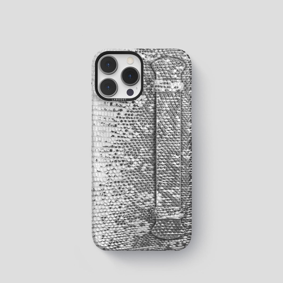 Light iPhone 14 Pro Himalayan Lizard Strap Case with Black Metal -1 | Light-Black