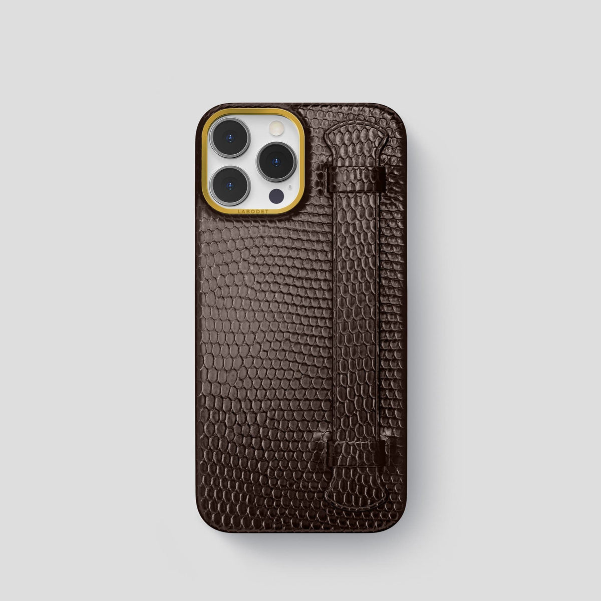 Brown iPhone 14 Pro Strap Case with Gold Metal -1 | Brown-Gold