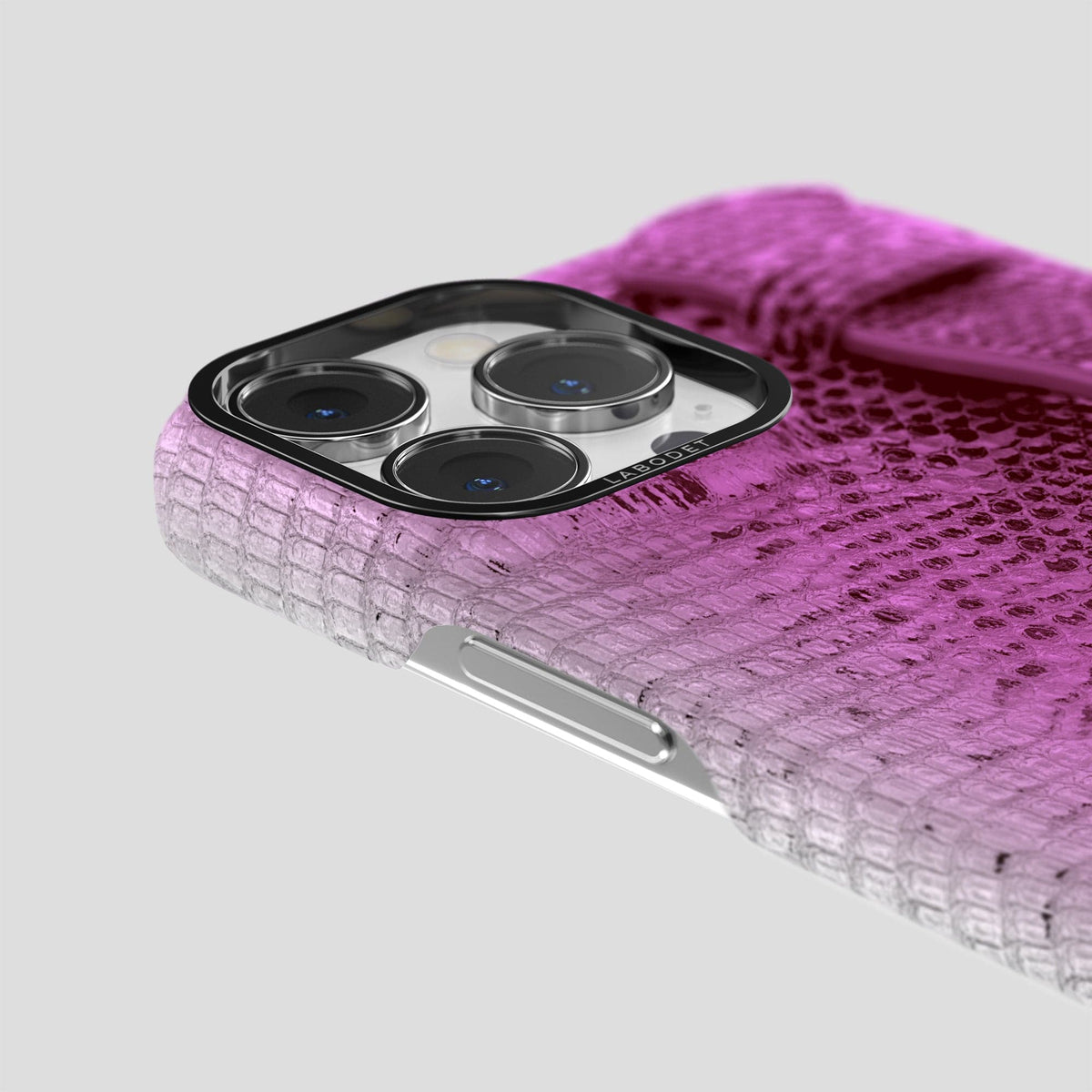 Fuchsia iPhone 14 Pro Max Himalayan Lizard Strap Case with Black Metal -6 | Fuchsia-Black