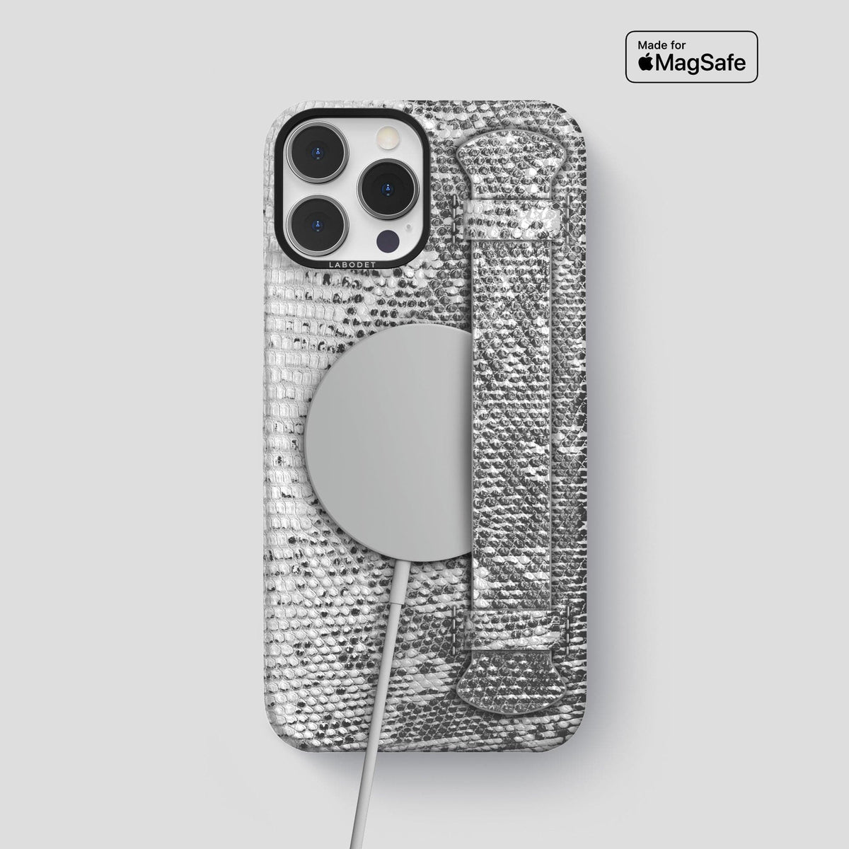 Light iPhone 14 Pro Max Himalayan Lizard Strap Case with Black Metal -5 | Light-Black