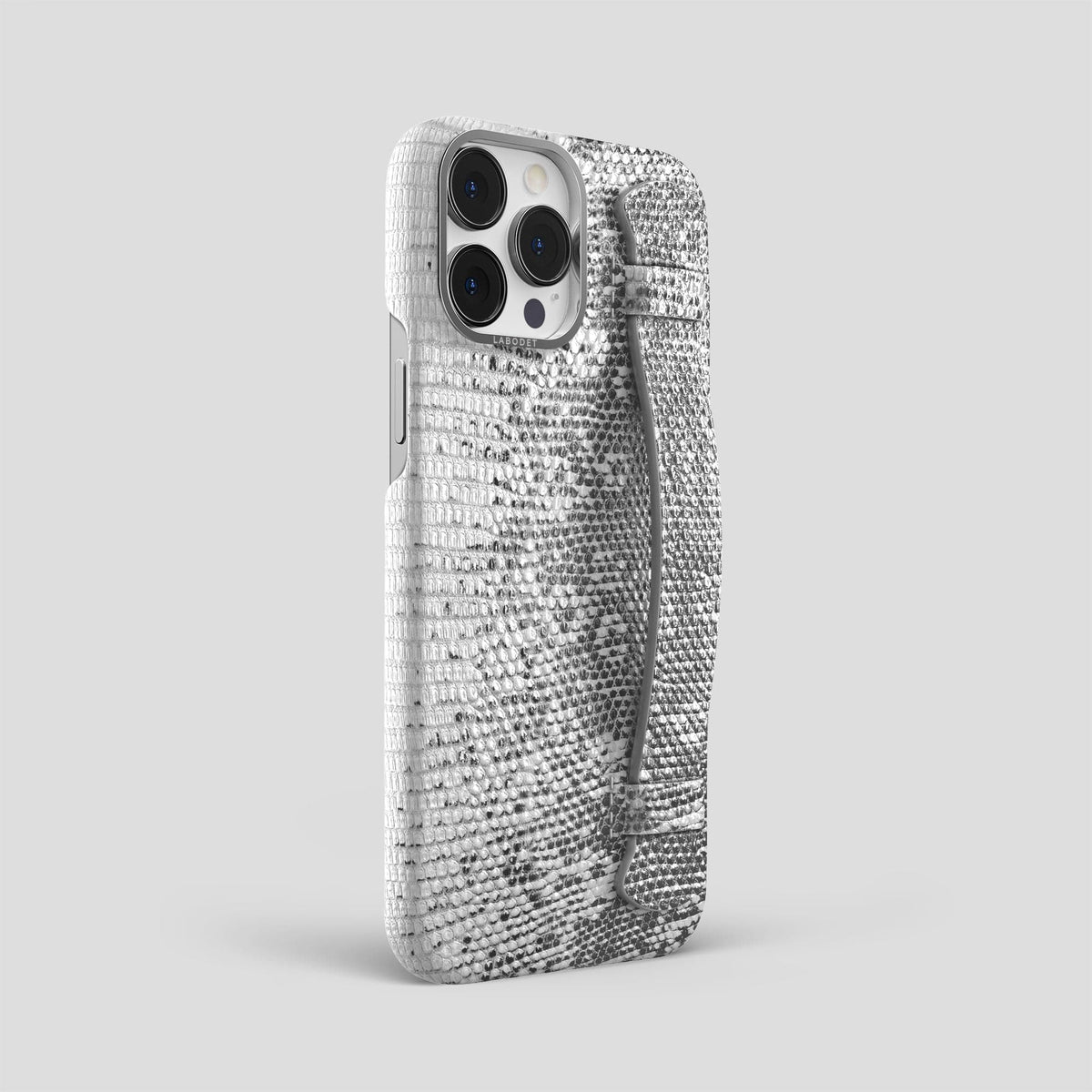 Light iPhone 14 Pro Max Himalayan Lizard Strap Case with Steel Metal -2 | Light-Steel